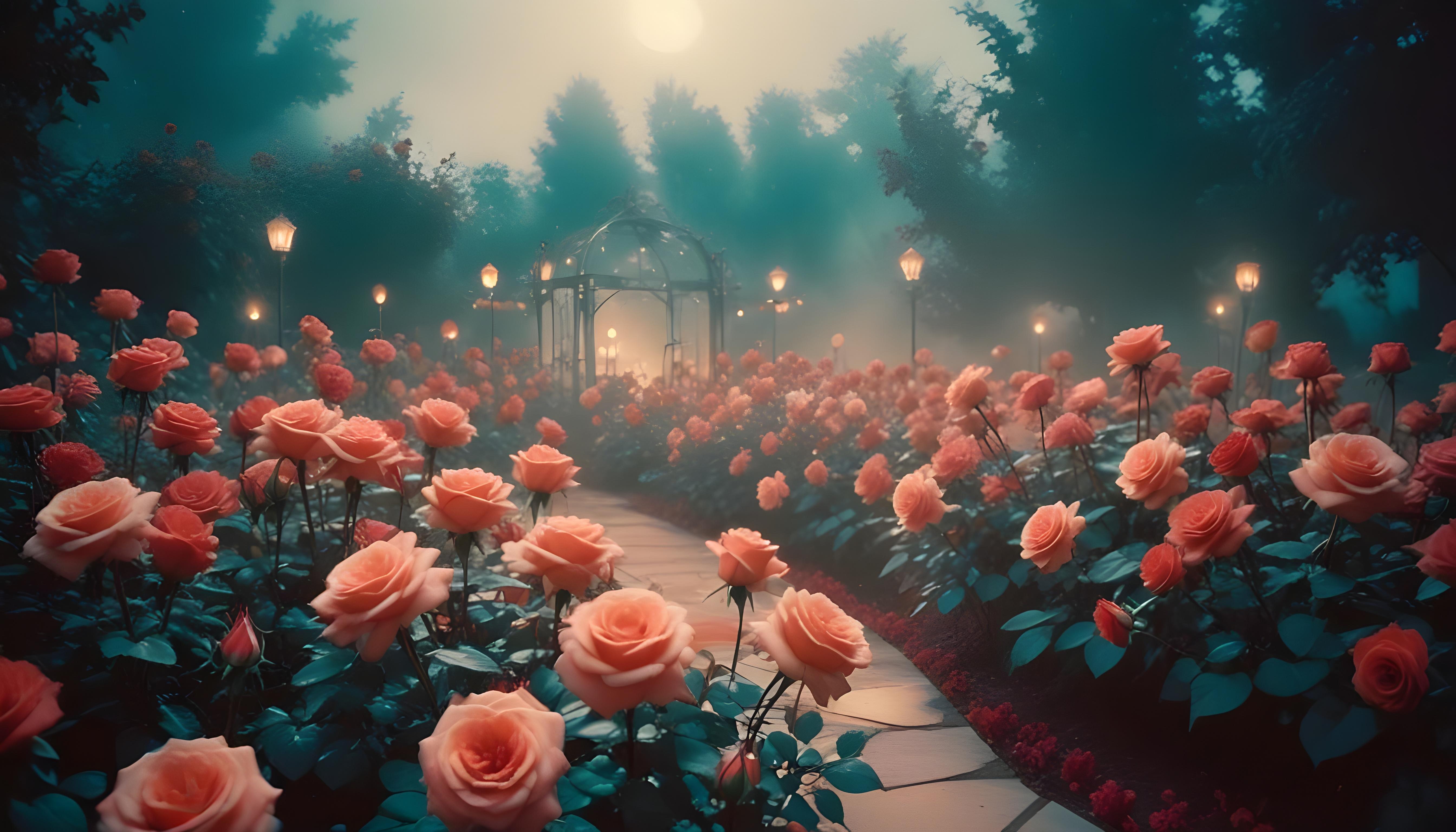 Enchanting Rose Garden Landscape with Blooming Flowers and Magical Moonlit Atmosphere