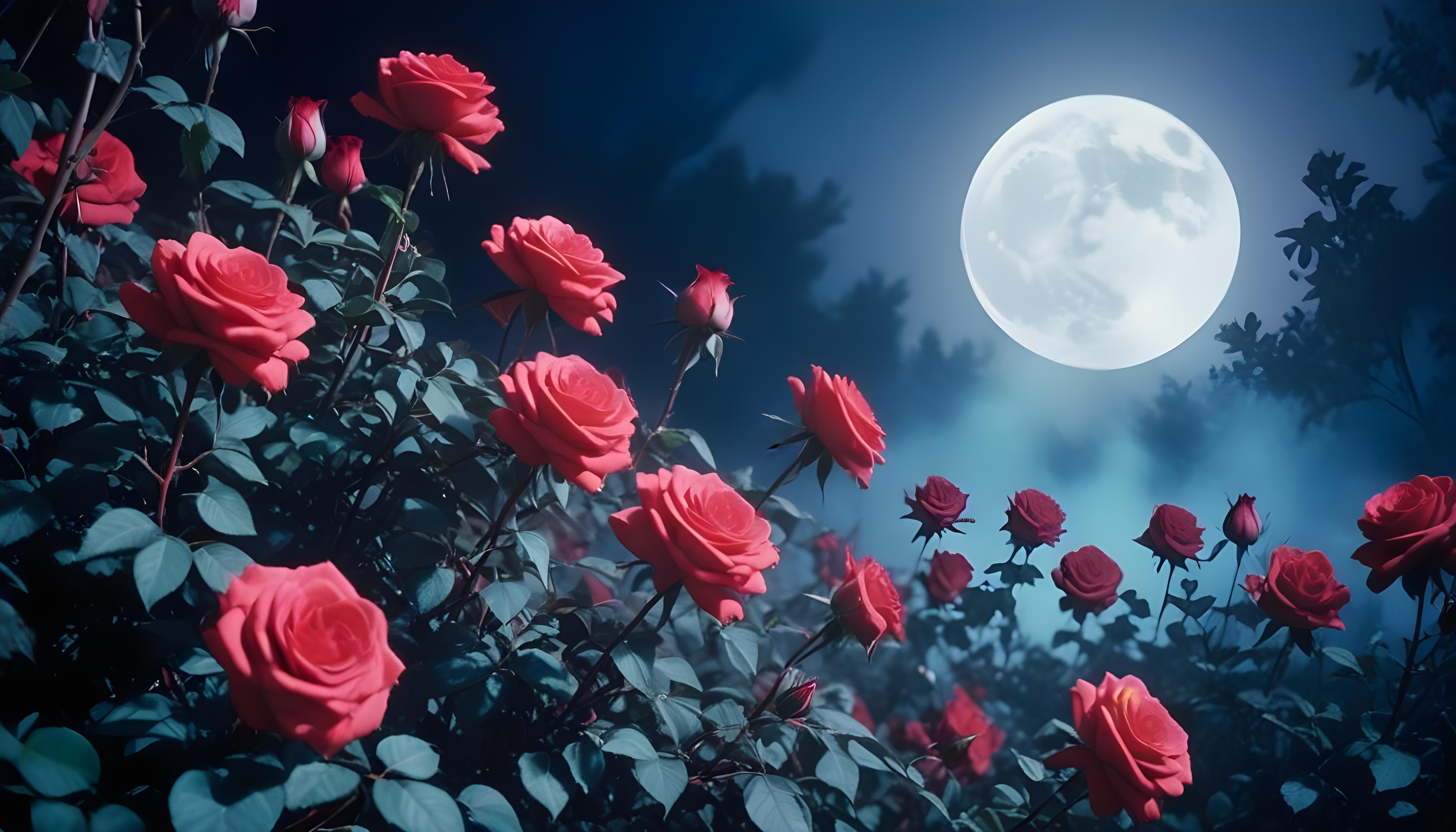 Enchanting Rose Garden Landscape with Blooming Flowers and Magical Moonlit Atmosphere