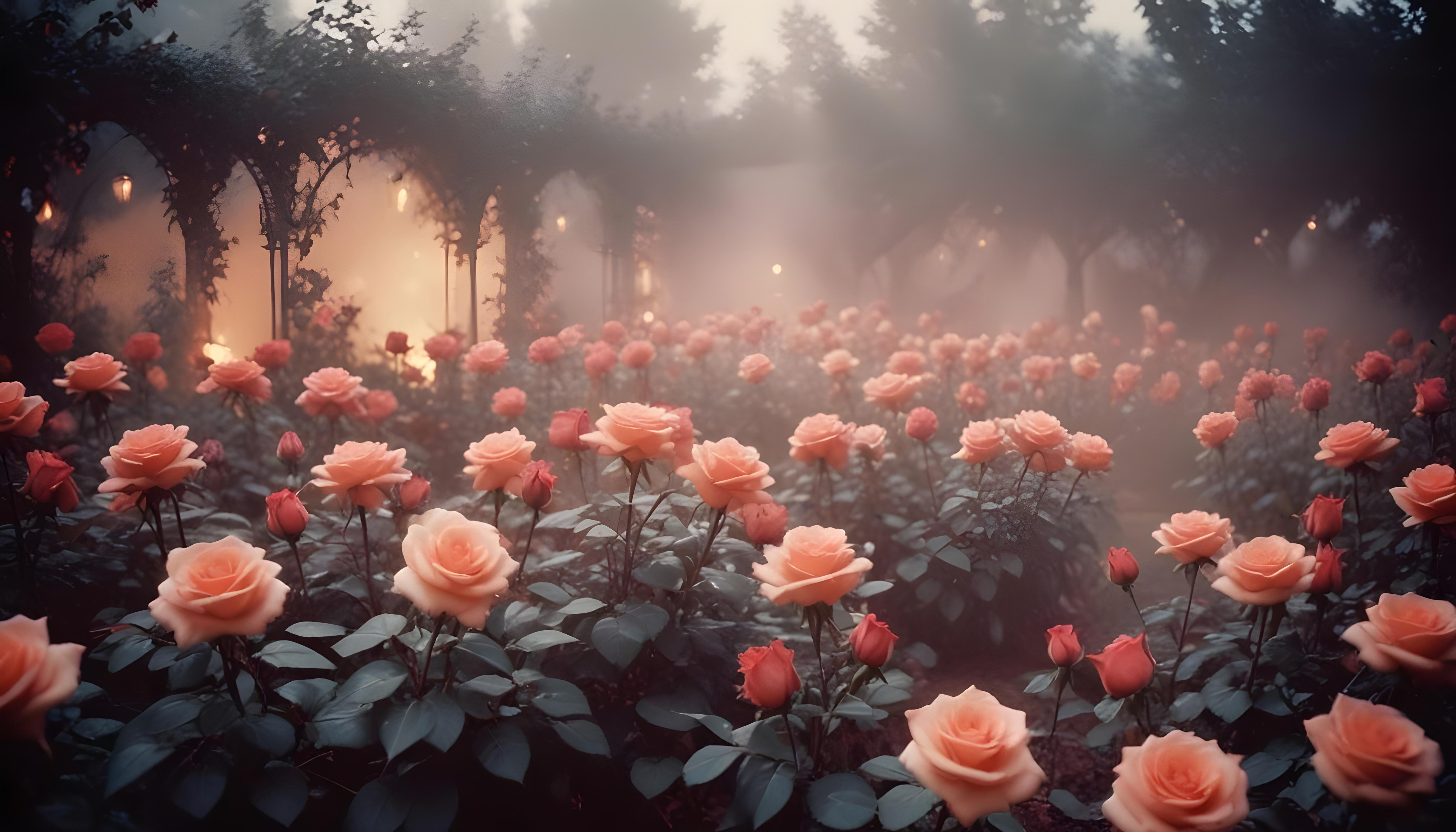 Enchanting Rose Garden Landscape with Blooming Flowers and Magical Moonlit Atmosphere