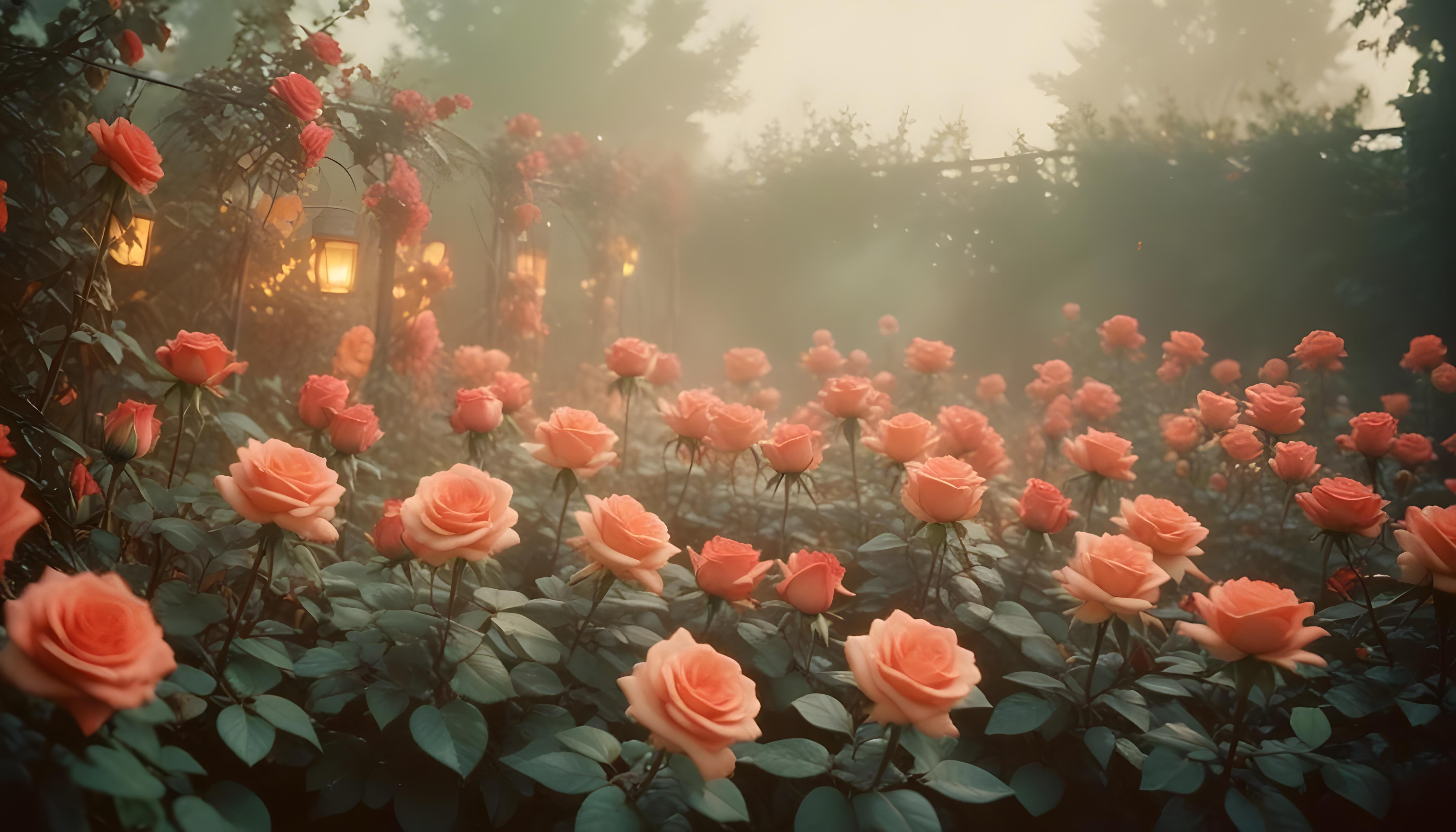 Enchanting Rose Garden Landscape with Blooming Flowers and Magical Moonlit Atmosphere