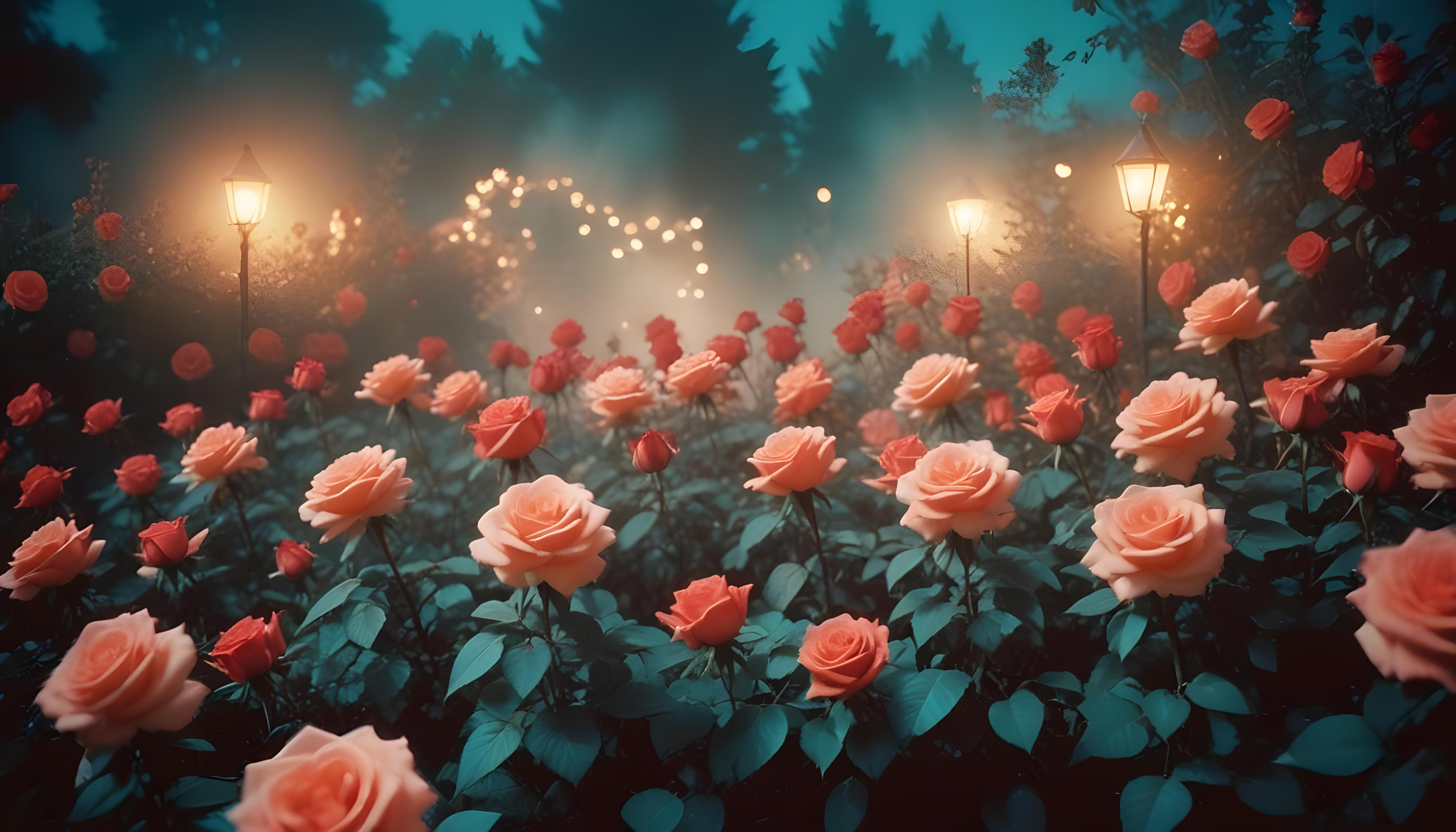 Enchanting Rose Garden Landscape with Blooming Flowers and Magical Moonlit Atmosphere
