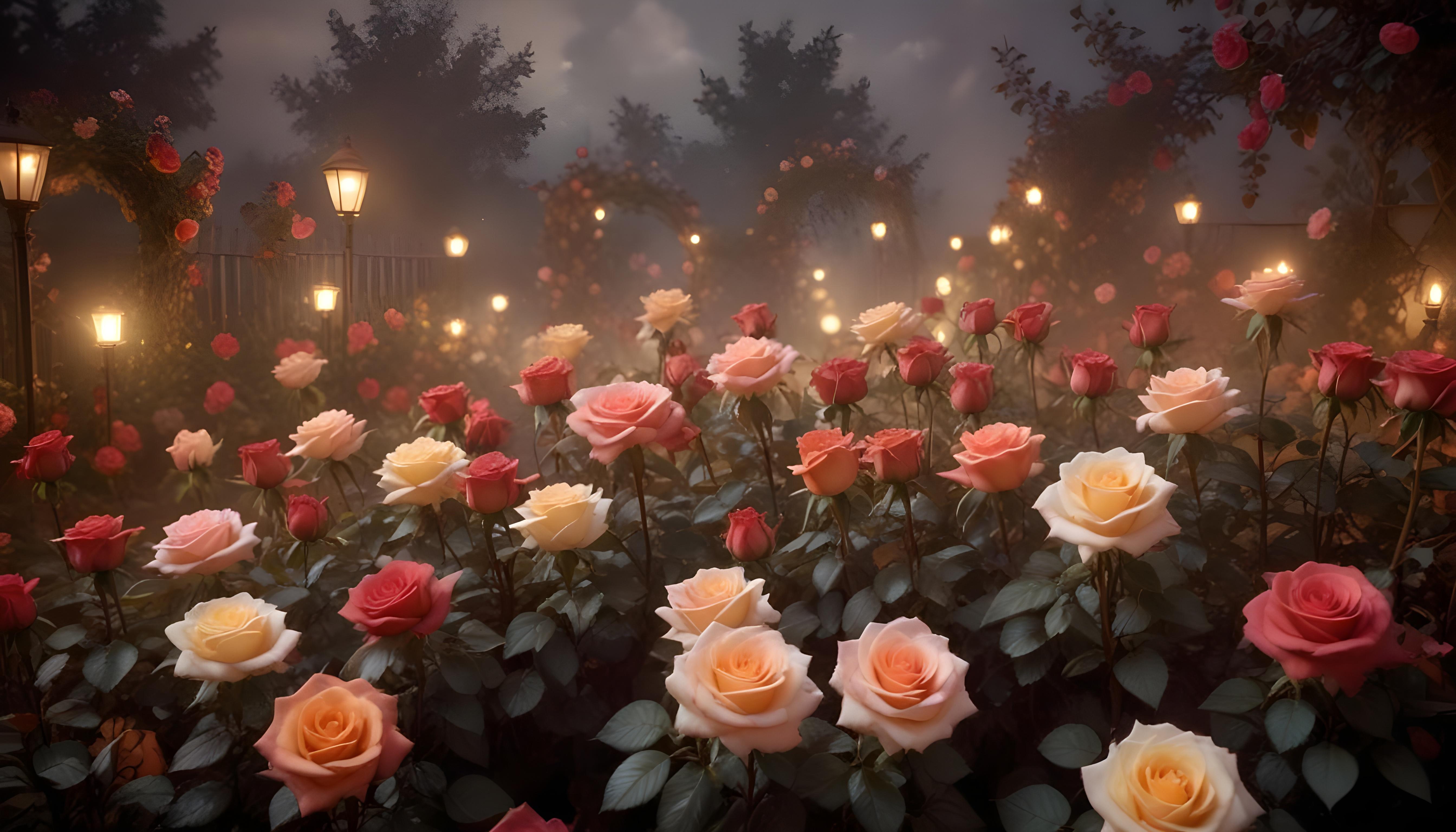 Enchanting Rose Garden Landscape with Blooming Flowers and Magical Moonlit Atmosphere