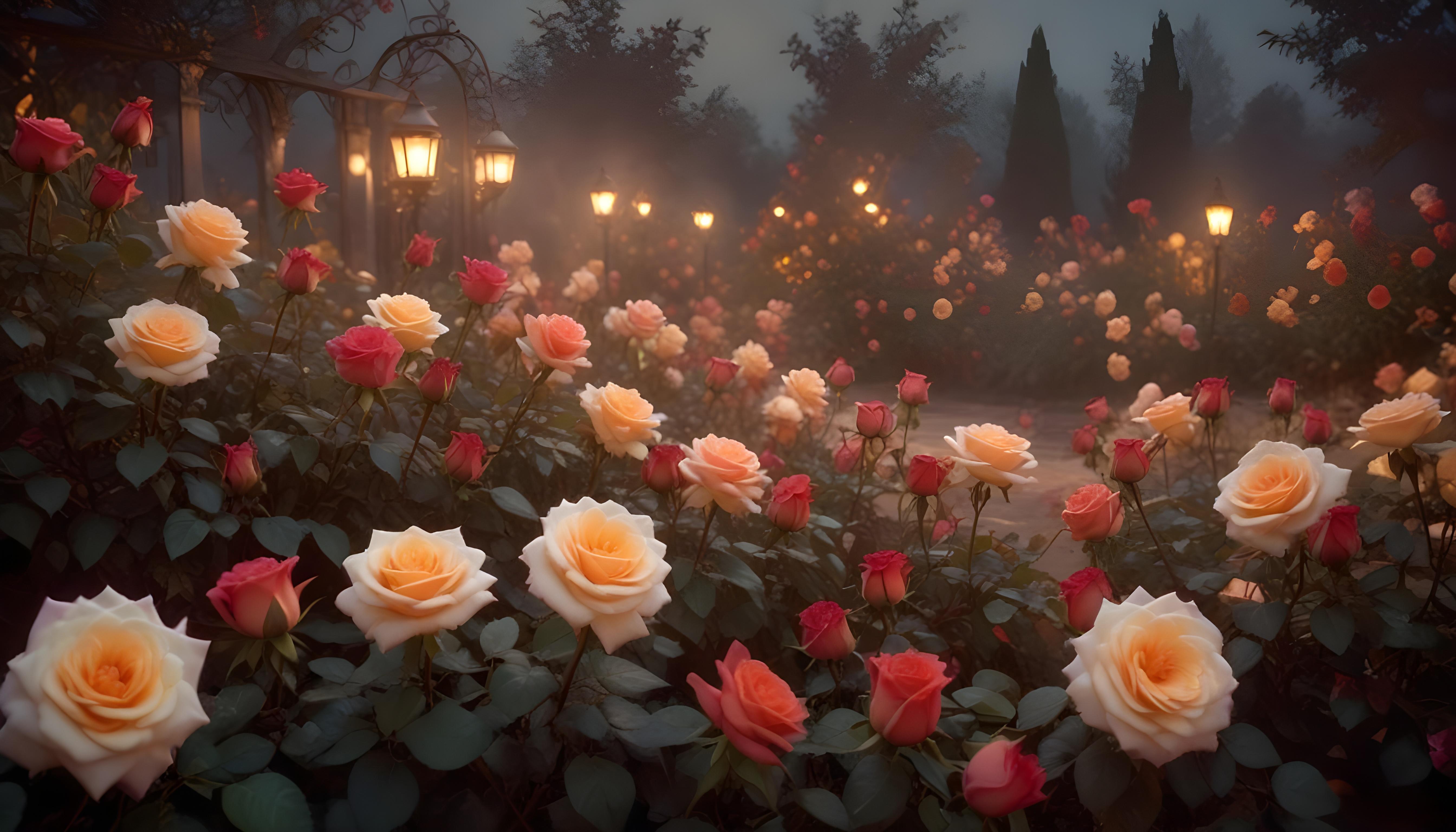 Enchanting Rose Garden Landscape with Blooming Flowers and Magical Moonlit Atmosphere