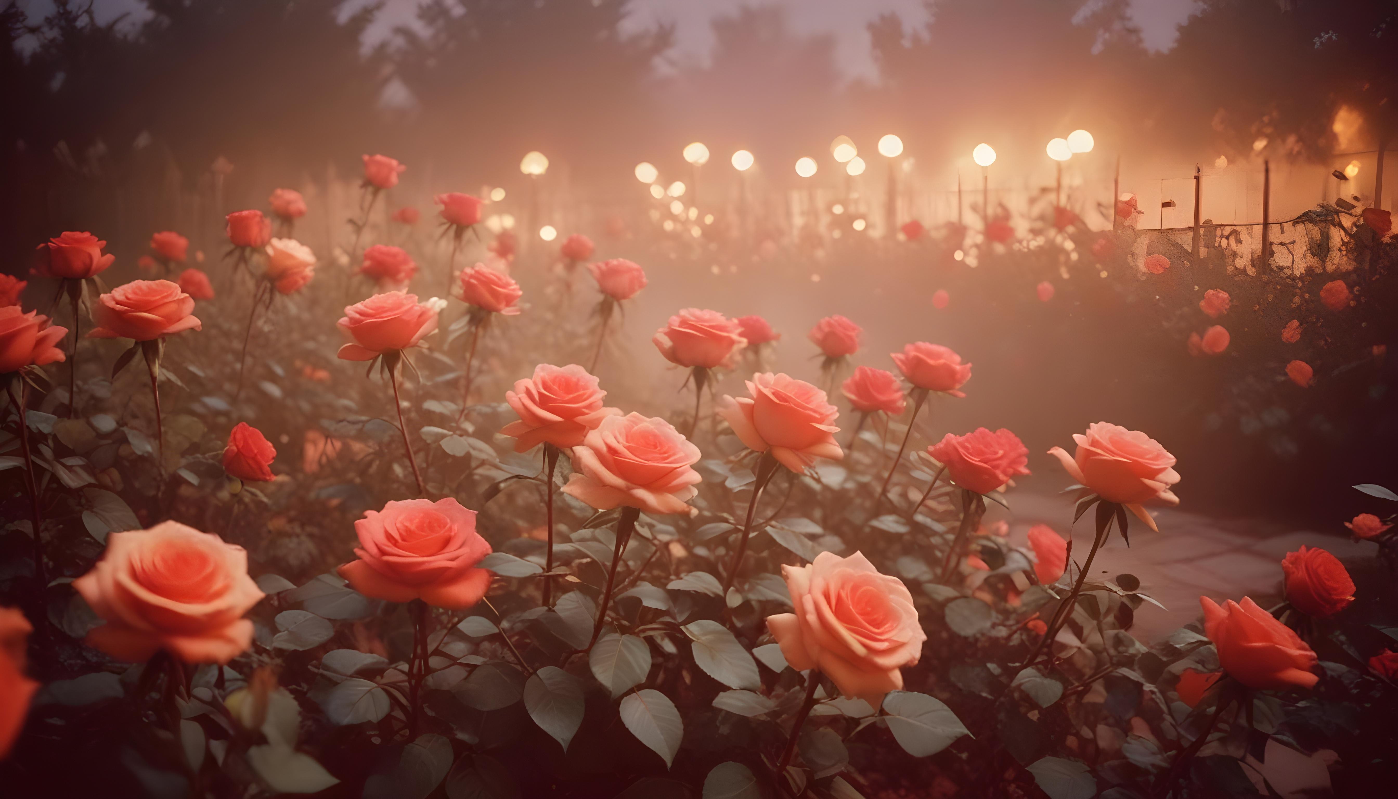 Enchanting Rose Garden Landscape with Blooming Flowers and Magical Moonlit Atmosphere