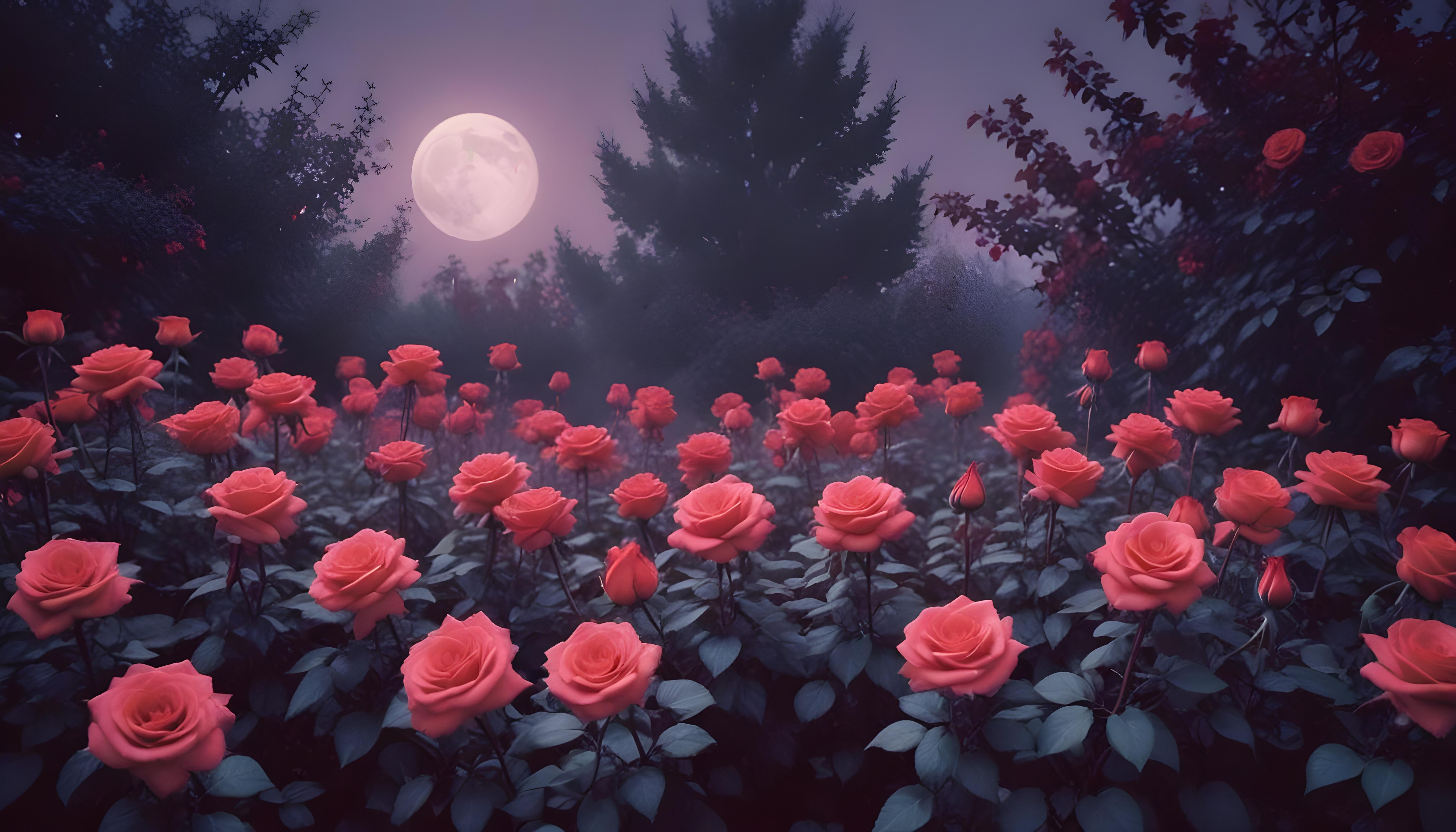 Enchanting Rose Garden Landscape with Blooming Flowers and Magical Moonlit Atmosphere