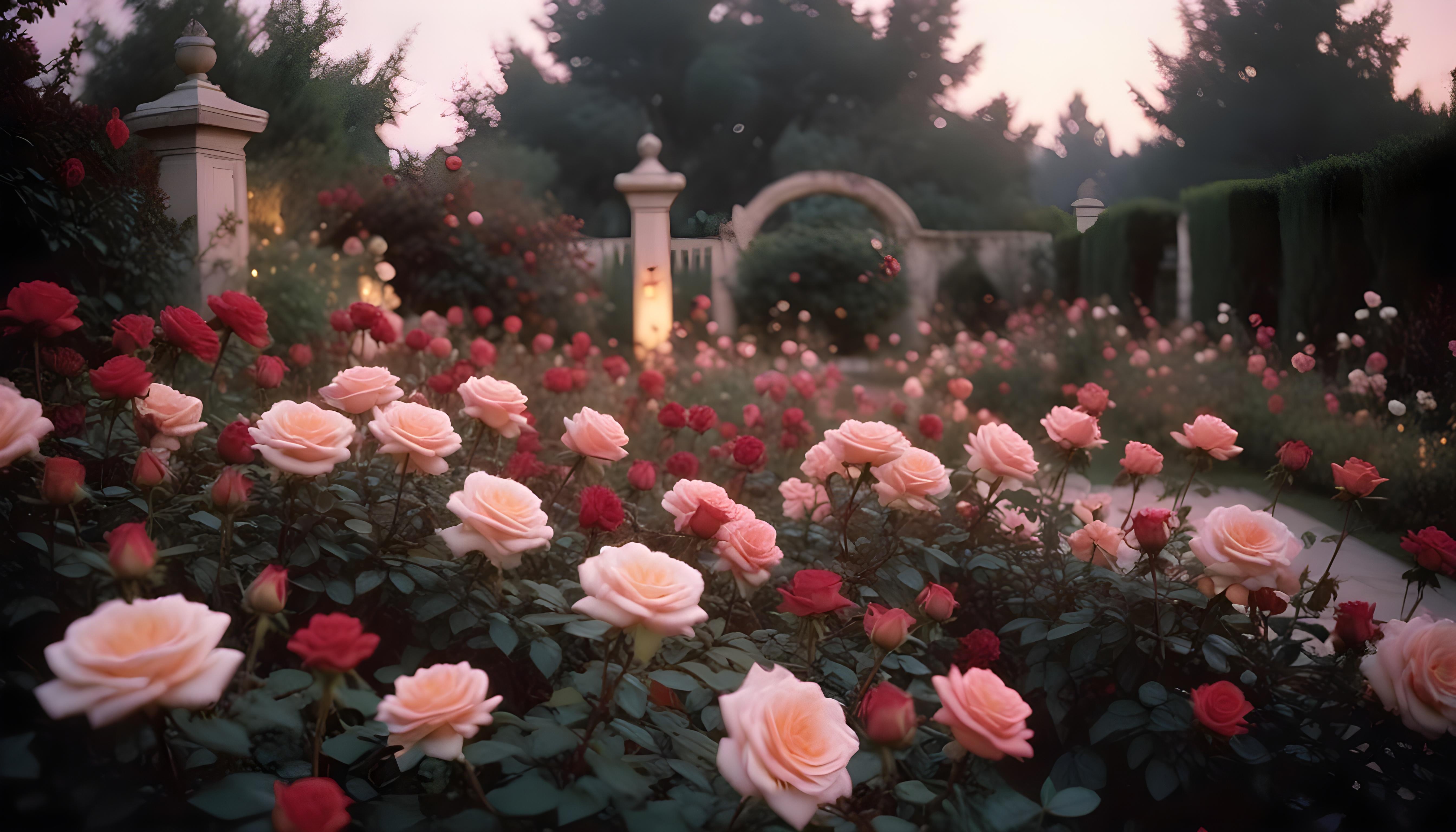 Enchanting Rose Garden Landscape with Blooming Flowers and Magical Moonlit Atmosphere