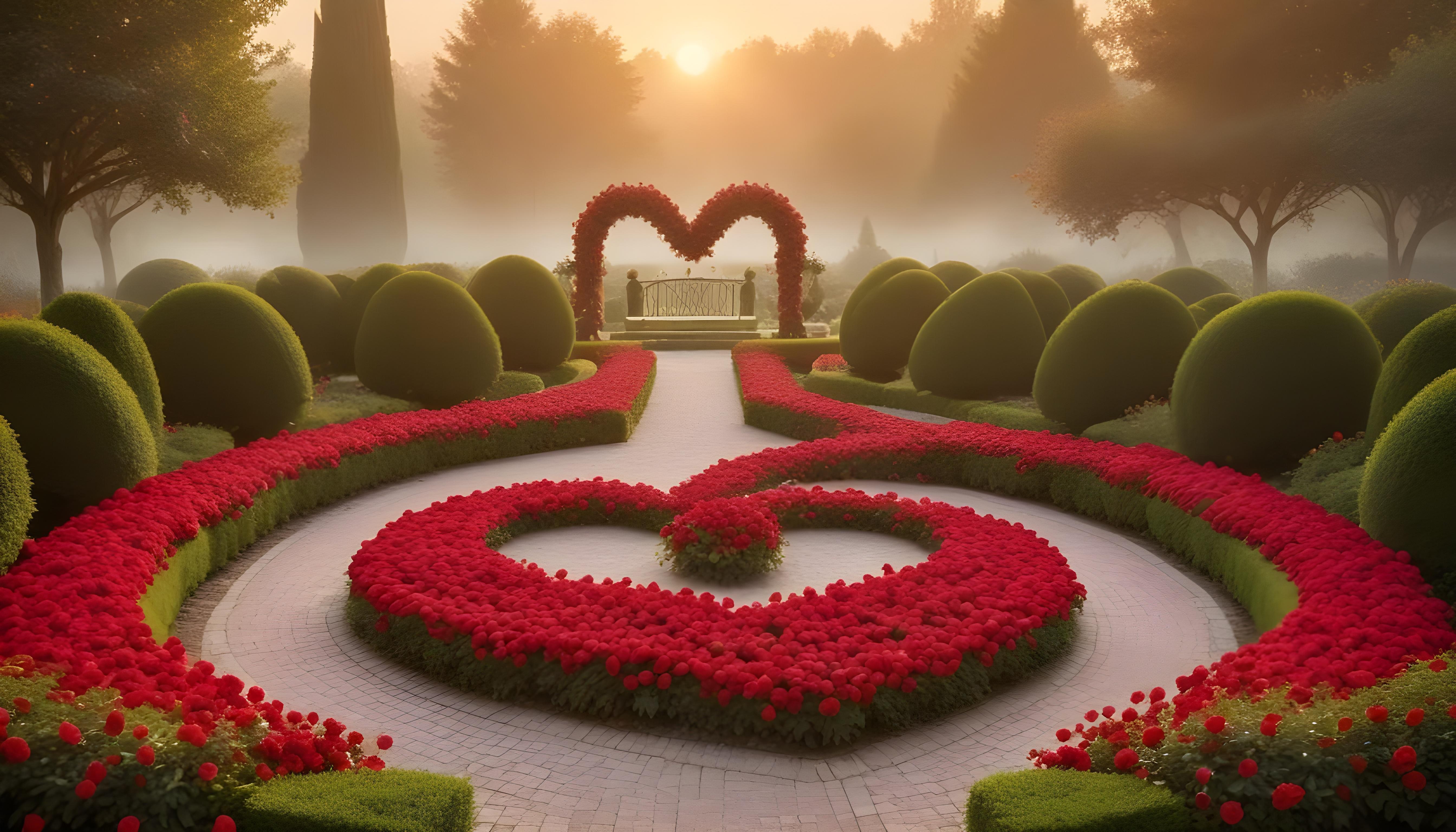 Enchanting Rose Garden Landscape with Blooming Flowers and Magical Moonlit Atmosphere