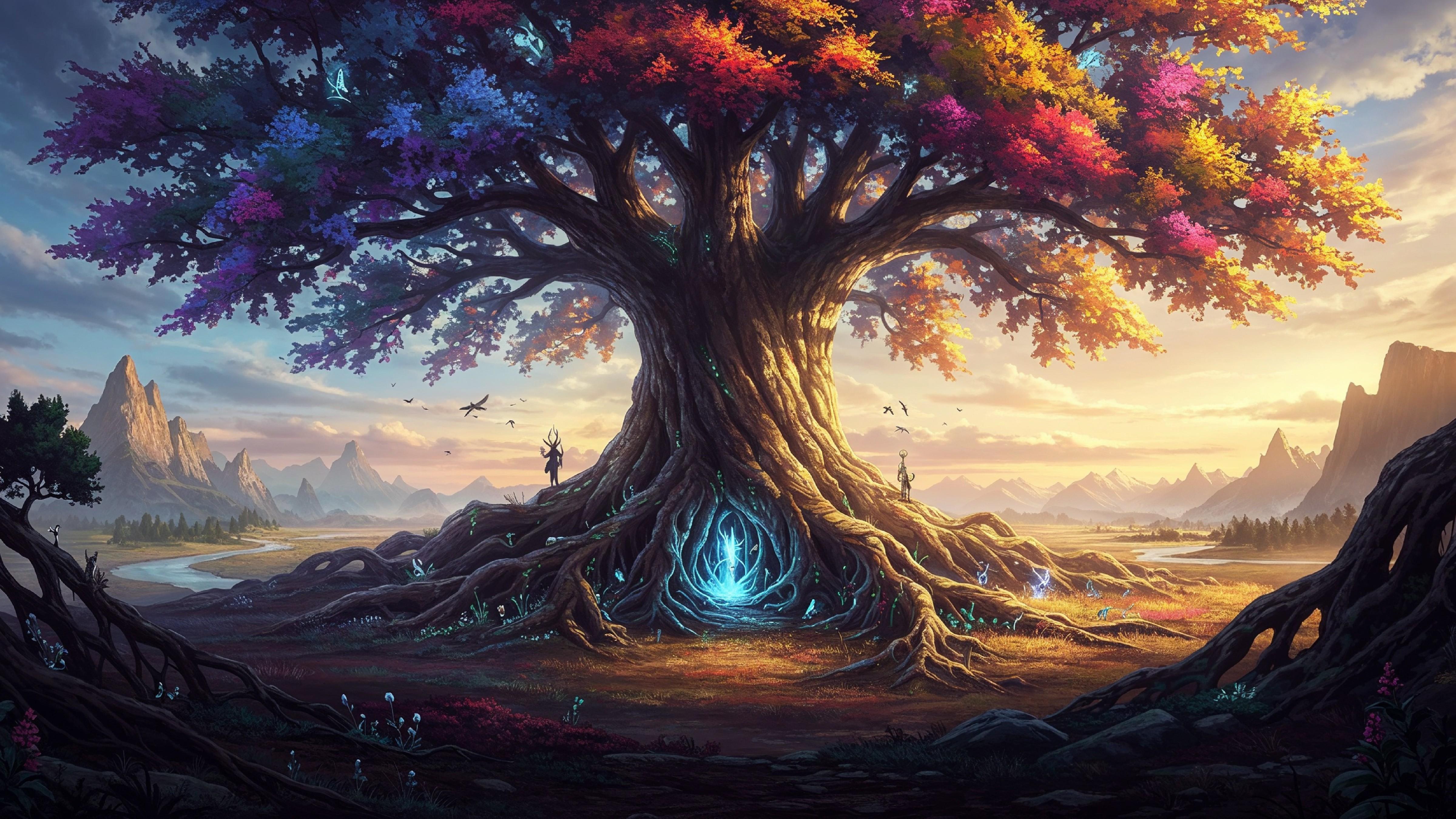 Fantasy Tree of Life with Glowing Roots and Magical Landscape Digital Artwork