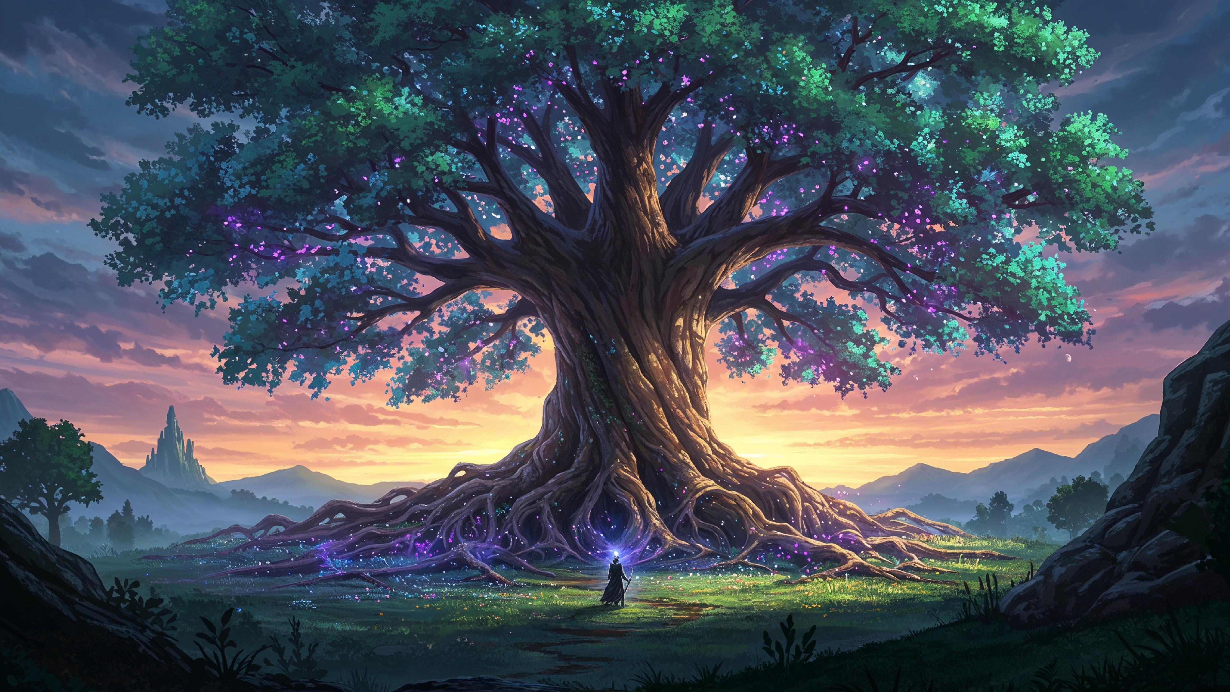 Fantasy Tree of Life with Glowing Roots and Magical Landscape Digital Artwork