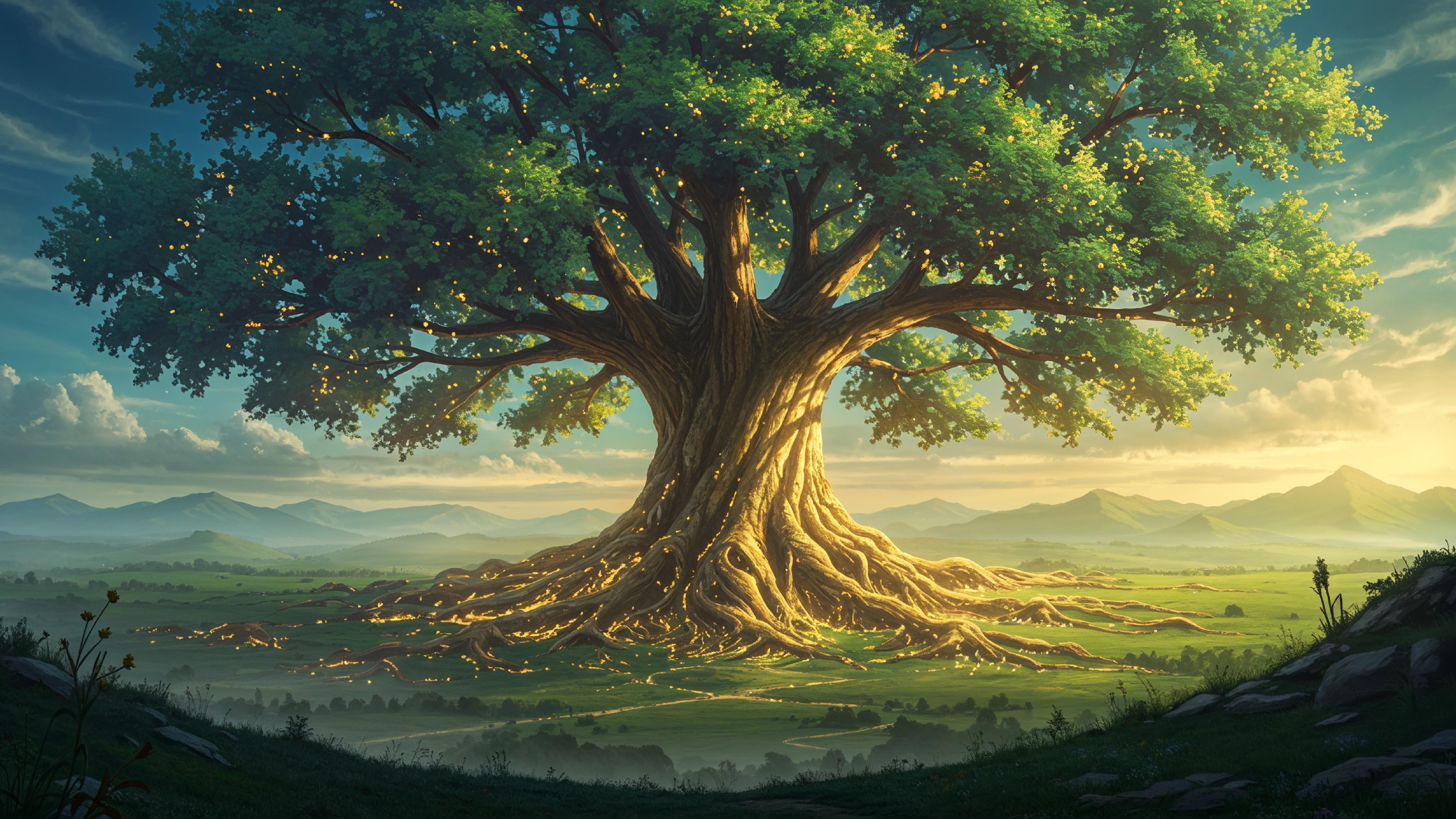 Fantasy Tree of Life with Glowing Roots and Magical Landscape Digital Artwork