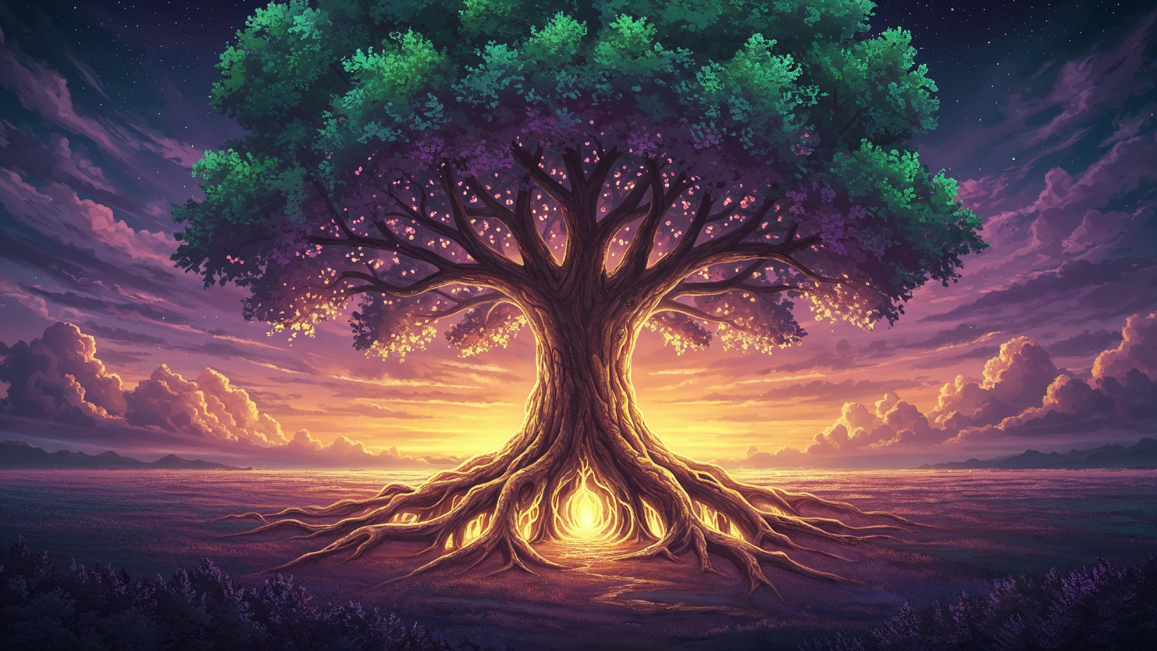 Fantasy Tree of Life with Glowing Roots and Magical Landscape Digital Artwork