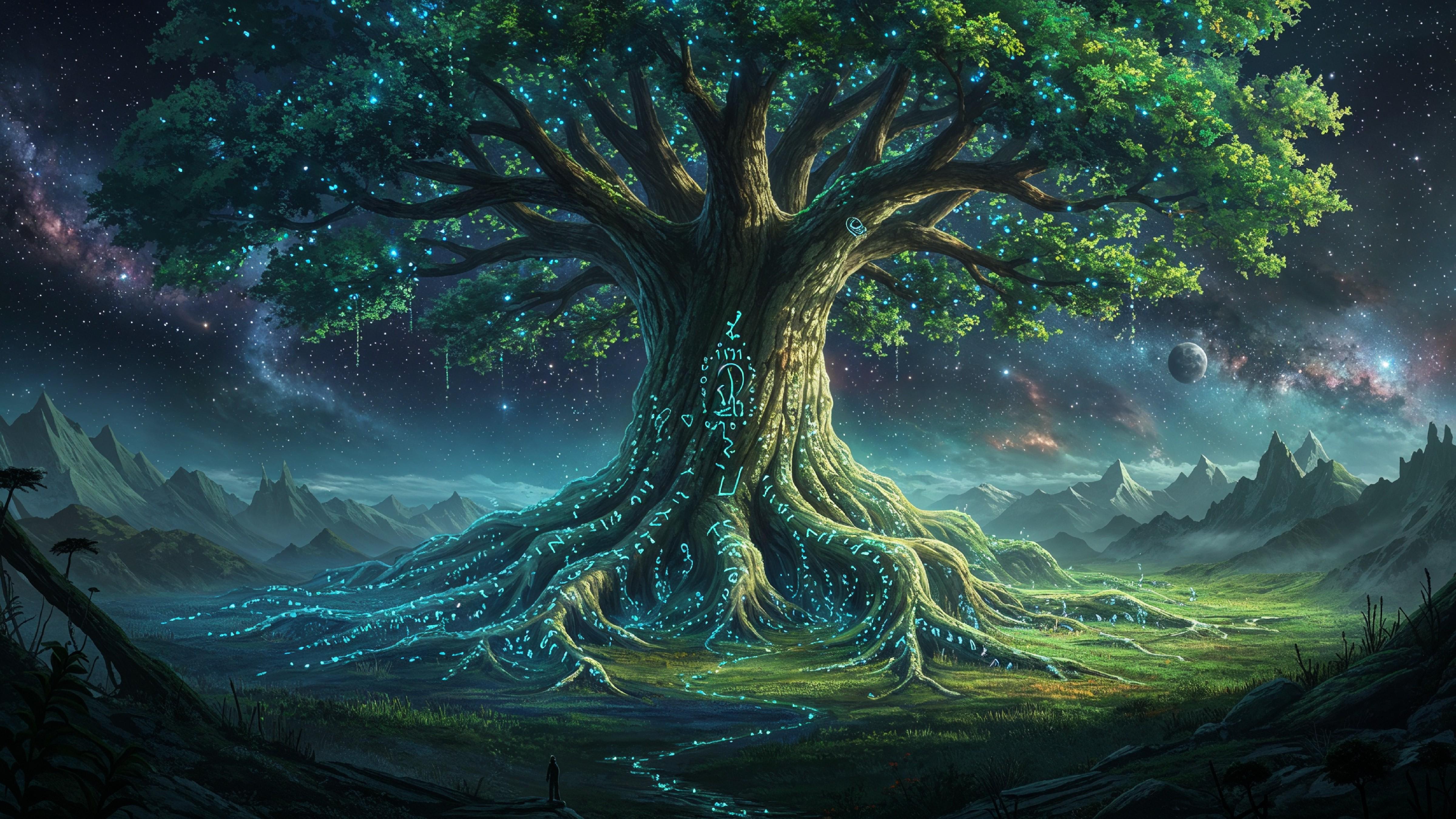 Fantasy Tree of Life with Glowing Roots and Magical Landscape Digital Artwork