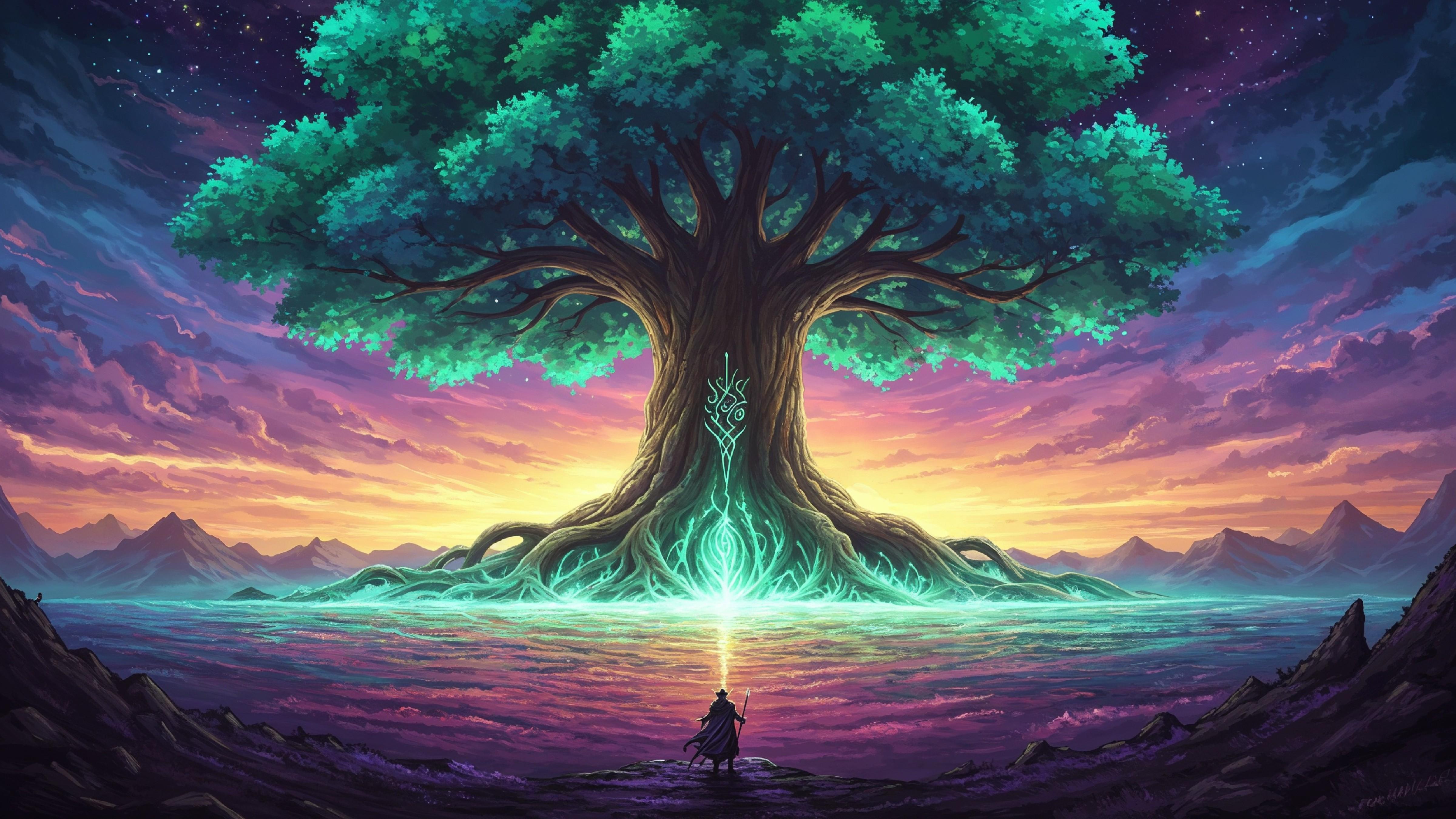 Fantasy Tree of Life with Glowing Roots and Magical Landscape Digital Artwork