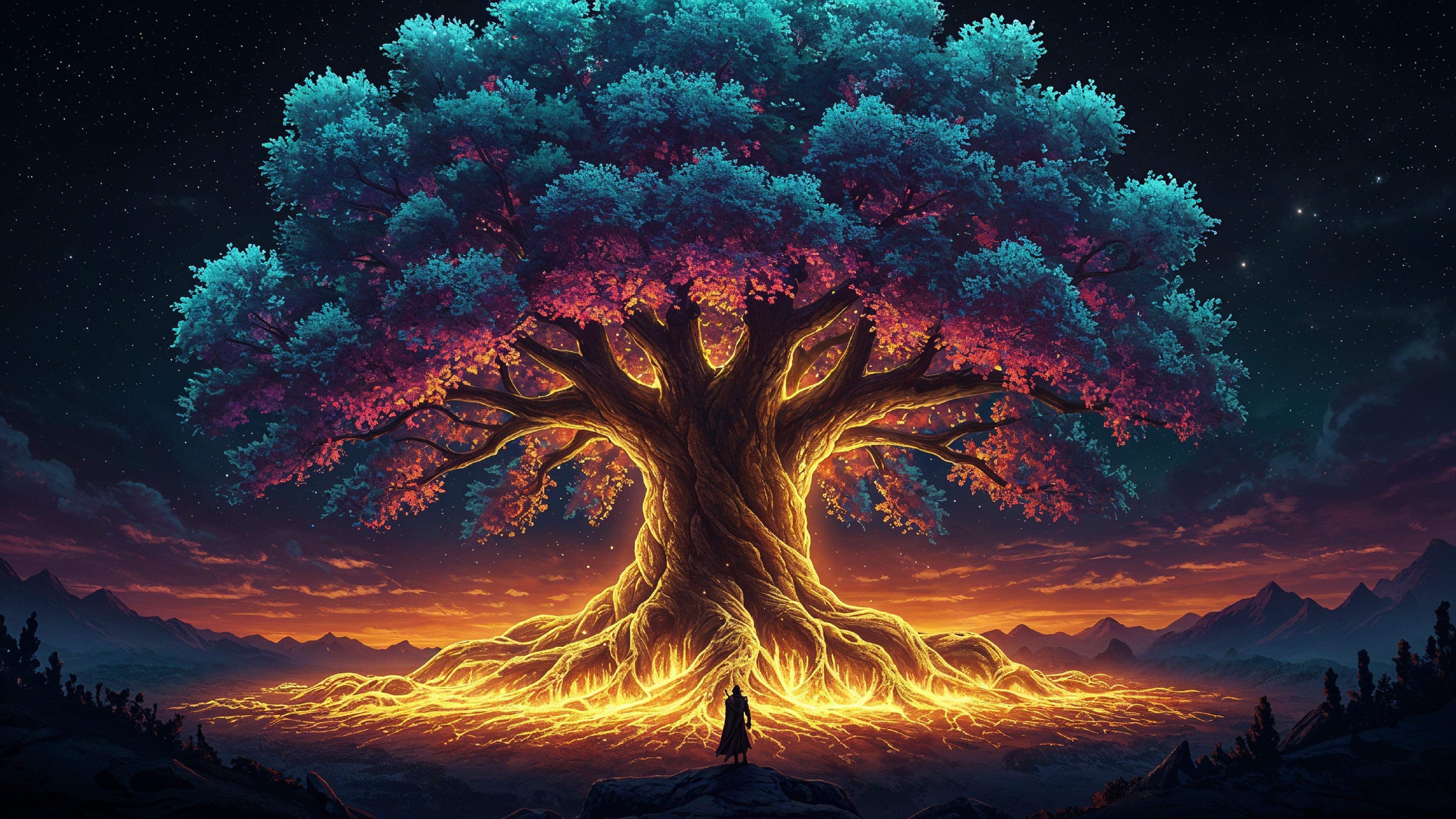 Fantasy Tree of Life with Glowing Roots and Magical Landscape Digital Artwork