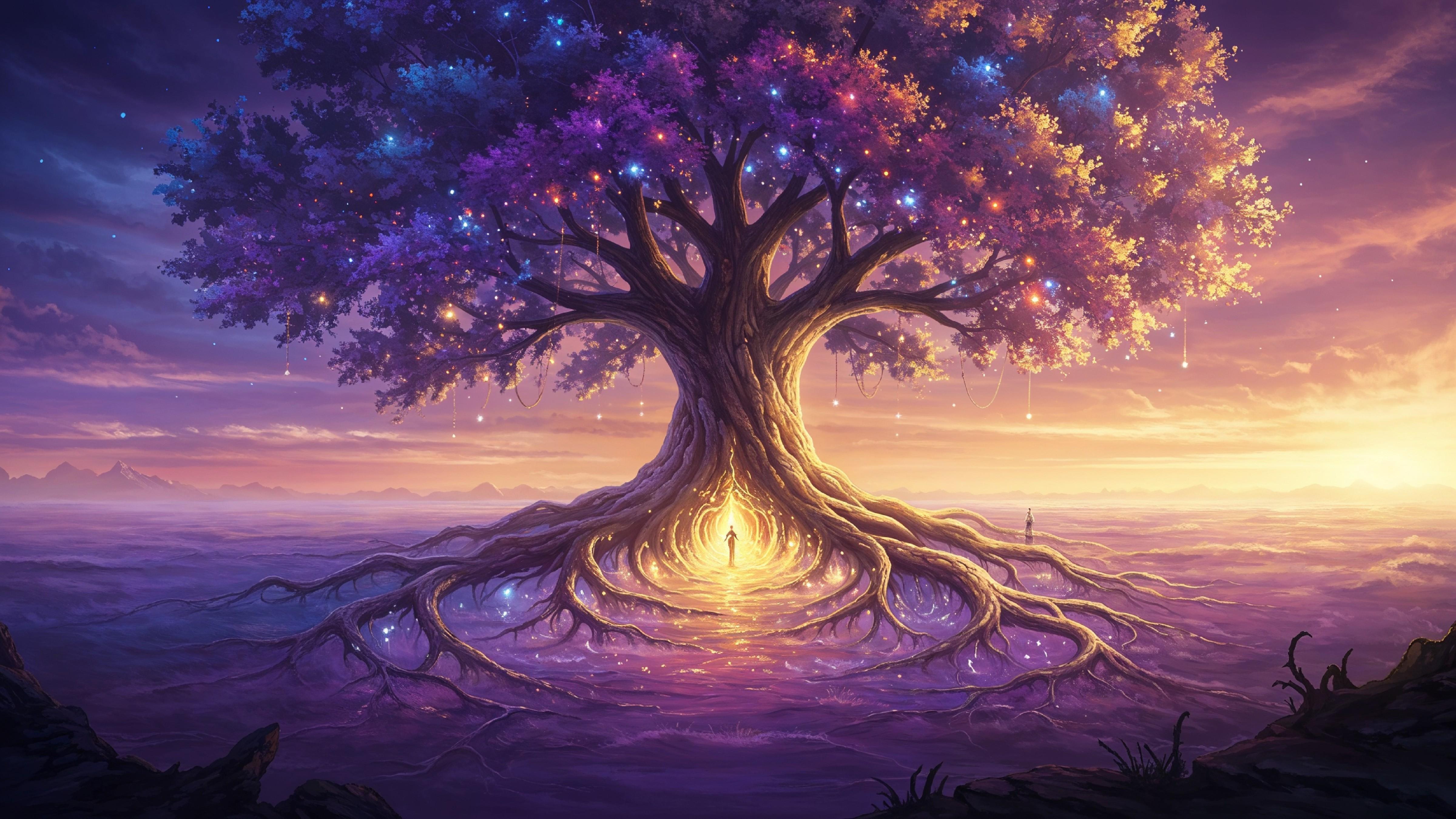 Fantasy Tree of Life with Glowing Roots and Magical Landscape Digital Artwork