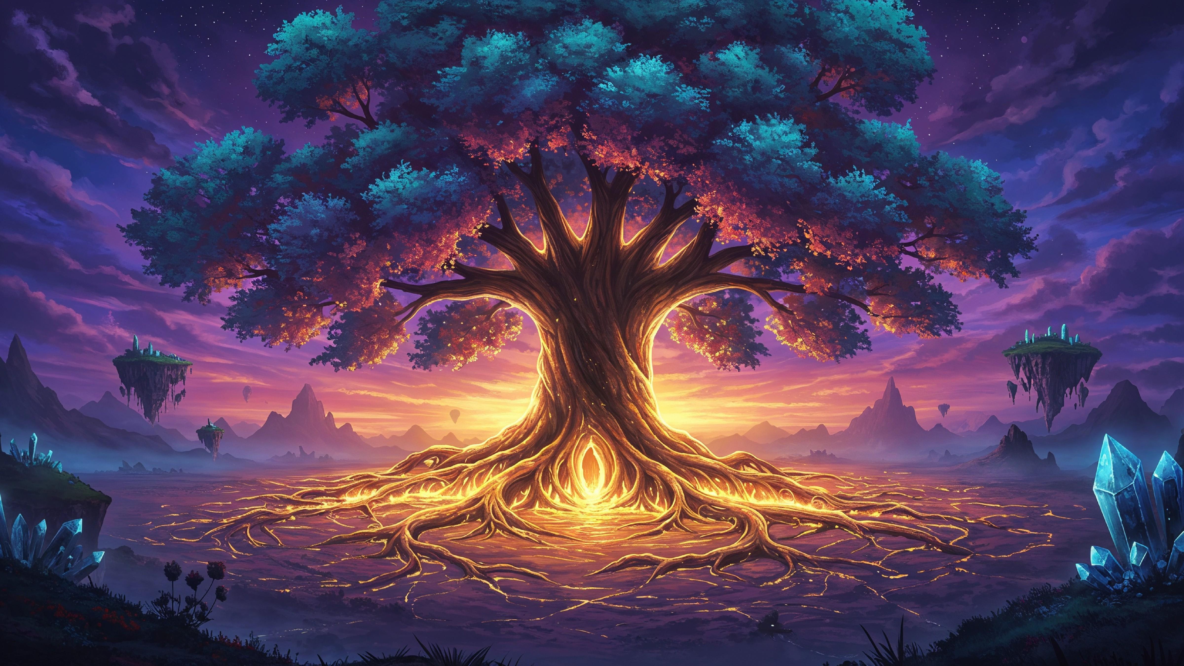 Fantasy Tree of Life with Glowing Roots and Magical Landscape Digital Artwork