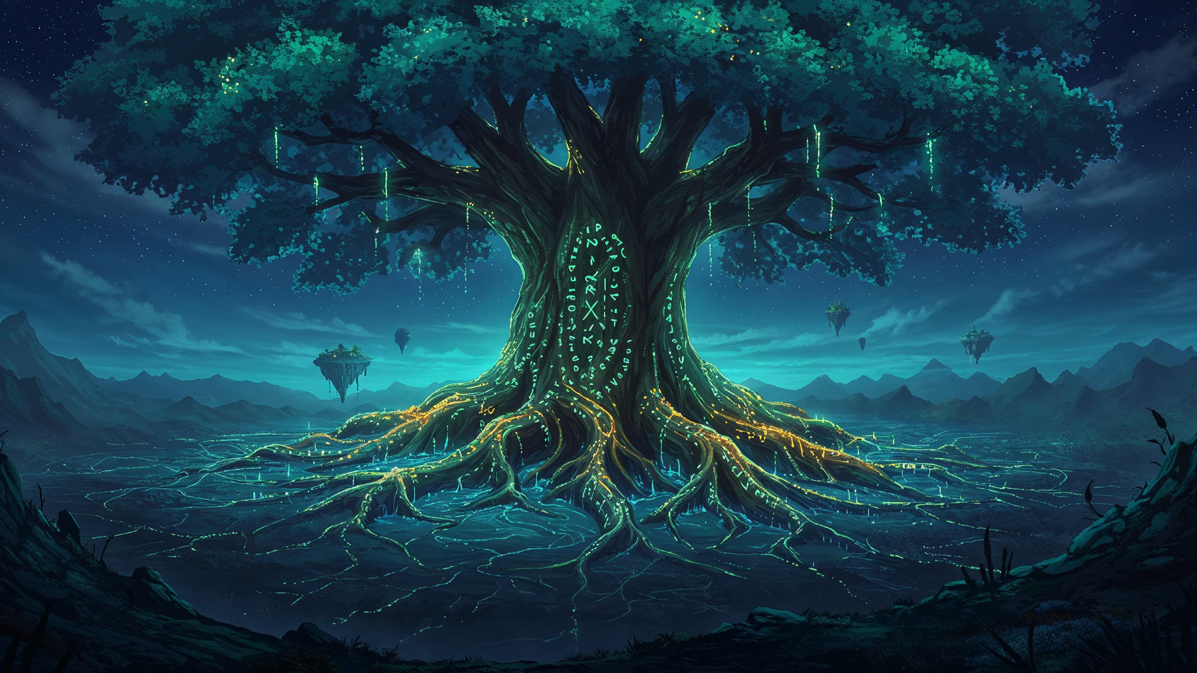 Fantasy Tree of Life with Glowing Roots and Magical Landscape Digital Artwork