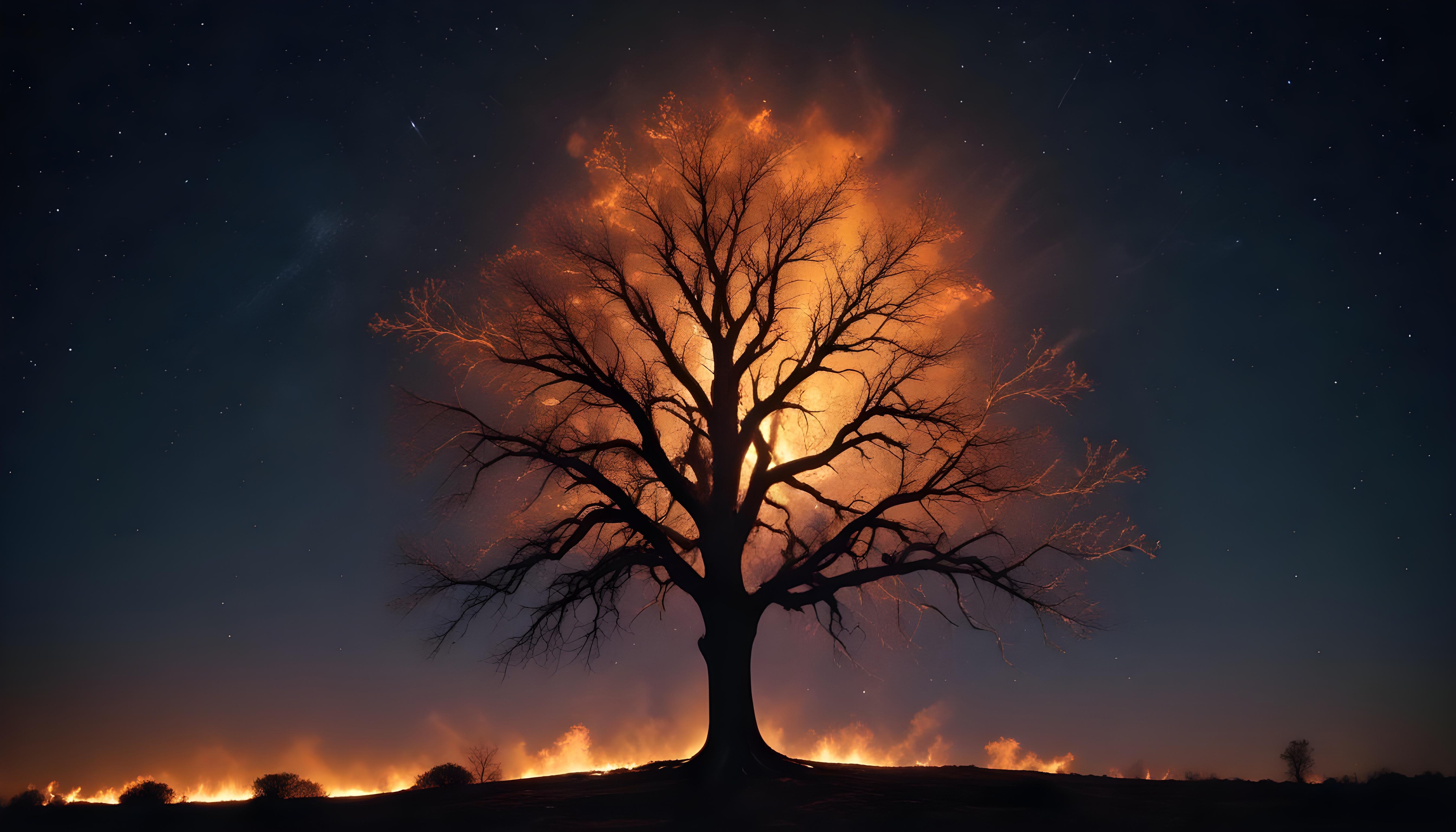 Majestic Ancient Tree with Glowing Fire and Dramatic Fantasy Landscape