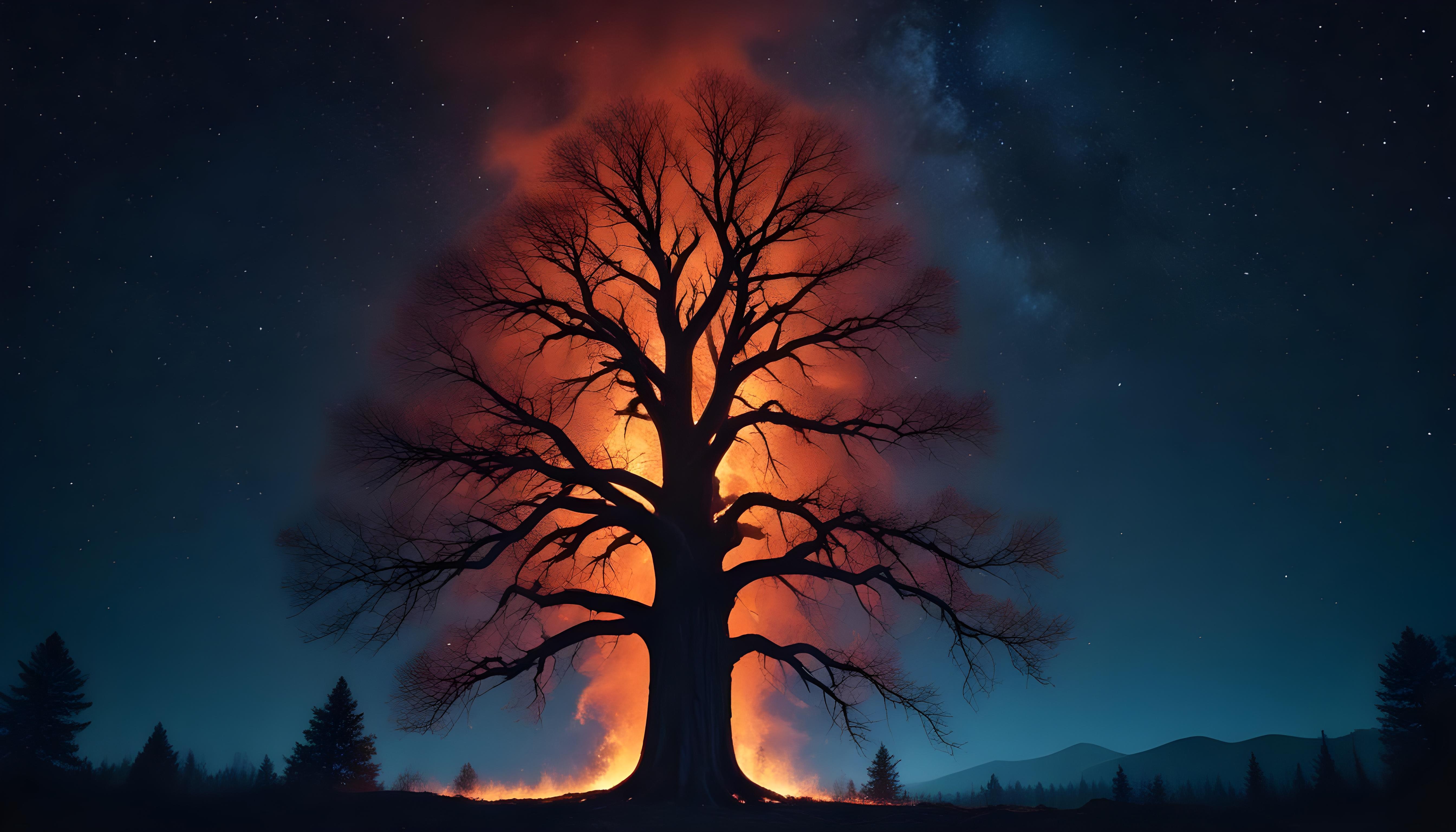 Majestic Ancient Tree with Glowing Fire and Dramatic Fantasy Landscape