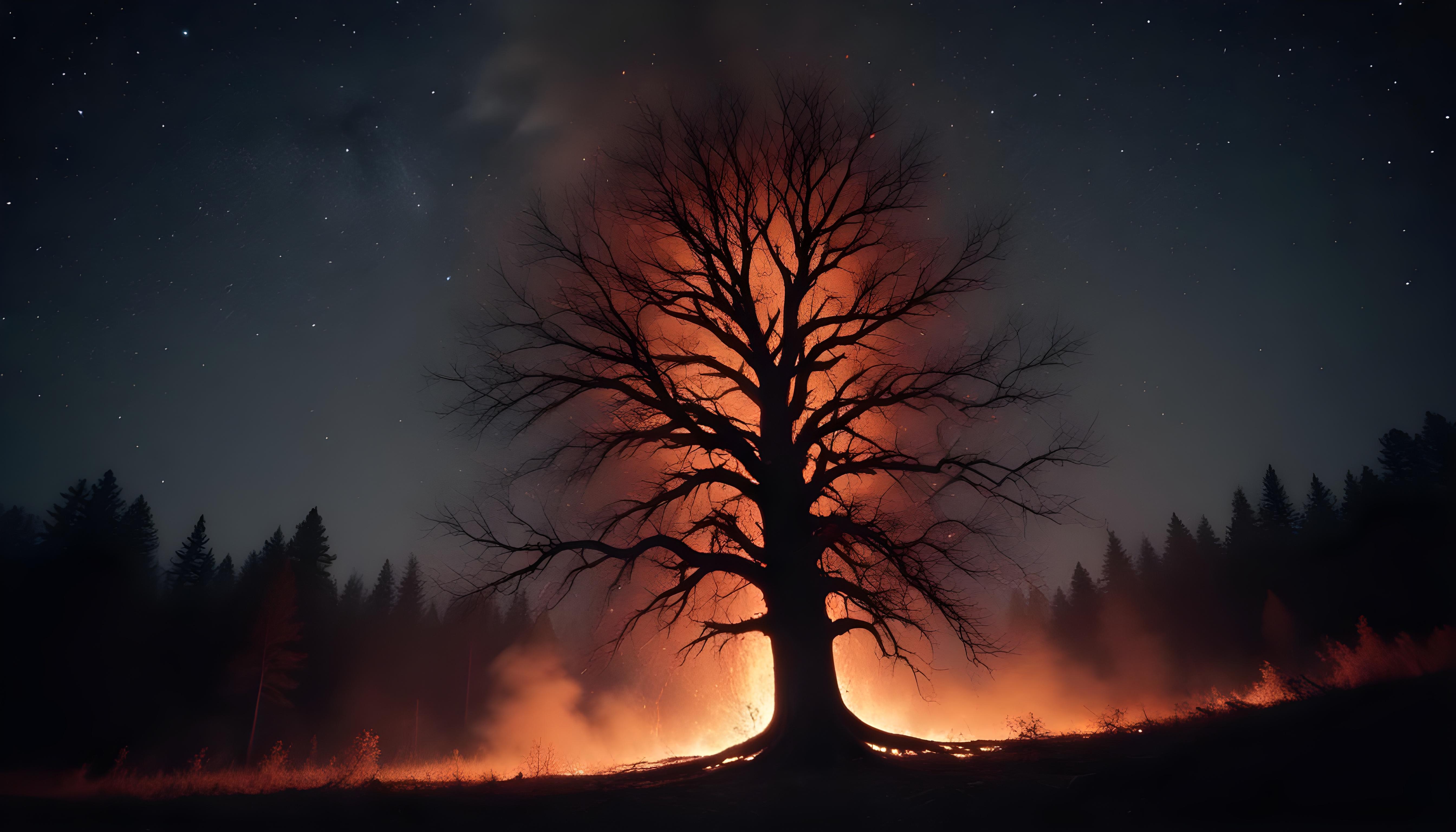 Majestic Ancient Tree with Glowing Fire and Dramatic Fantasy Landscape