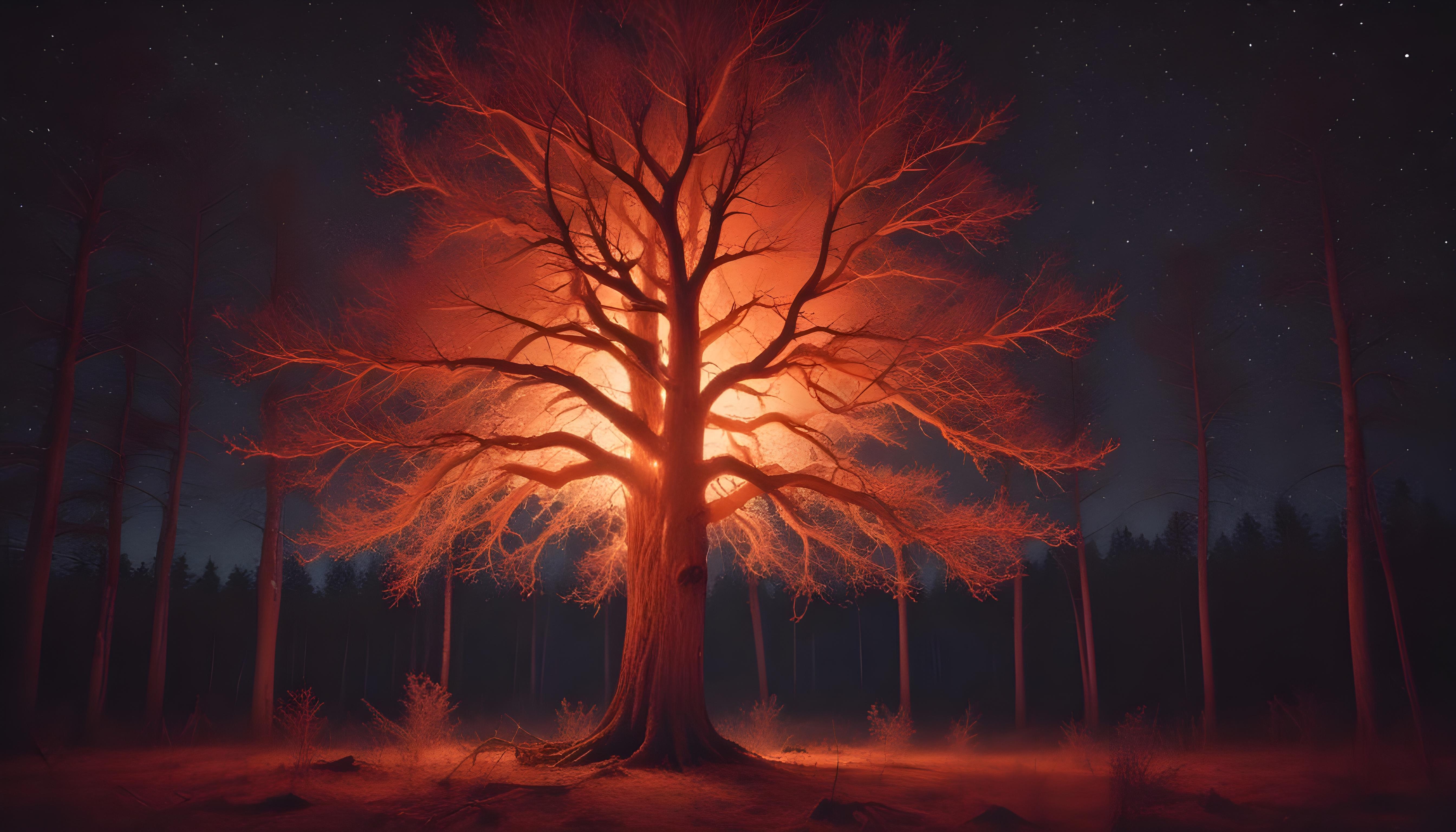 Majestic Ancient Tree with Glowing Fire and Dramatic Fantasy Landscape