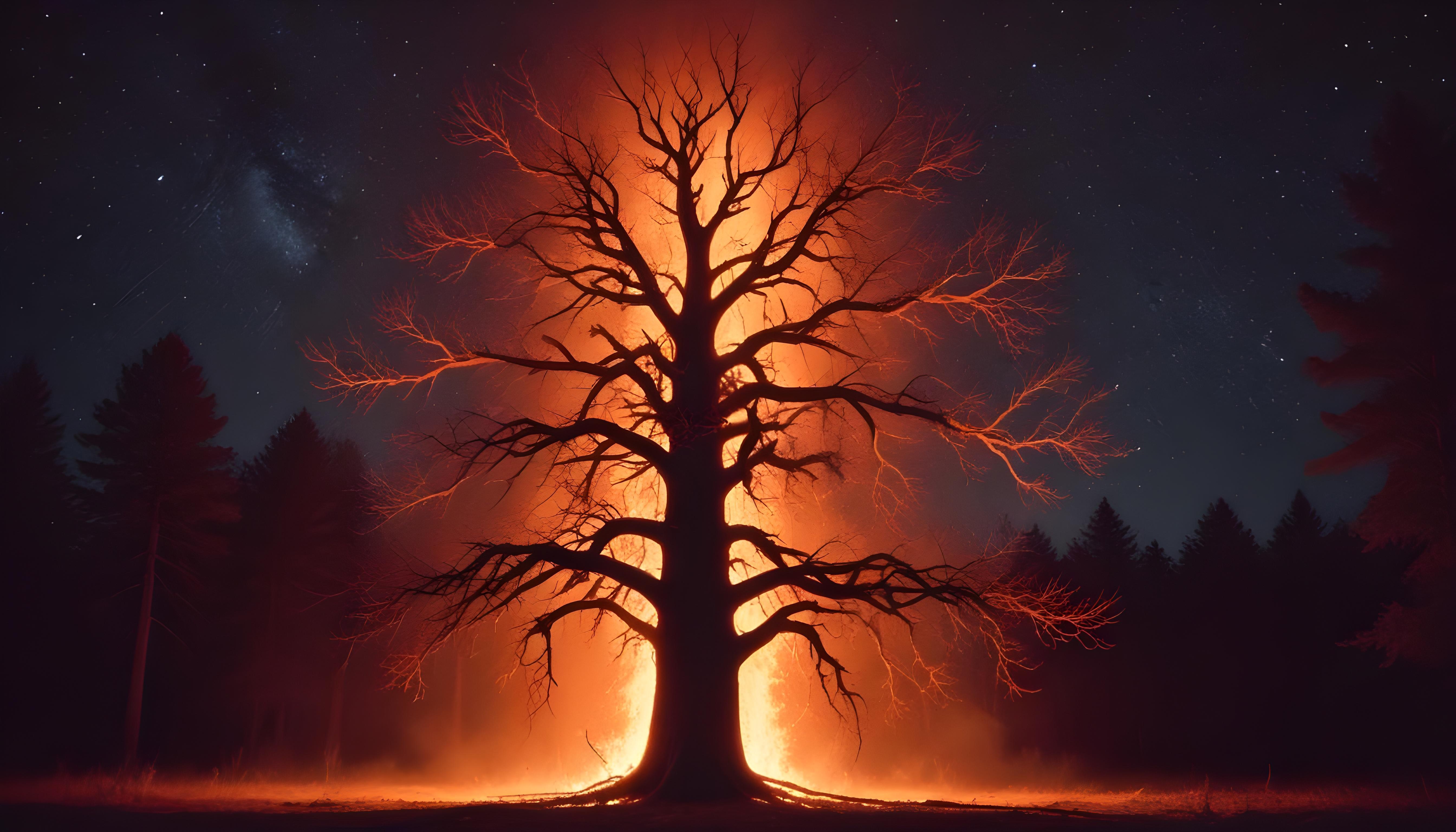 Majestic Ancient Tree with Glowing Fire and Dramatic Fantasy Landscape