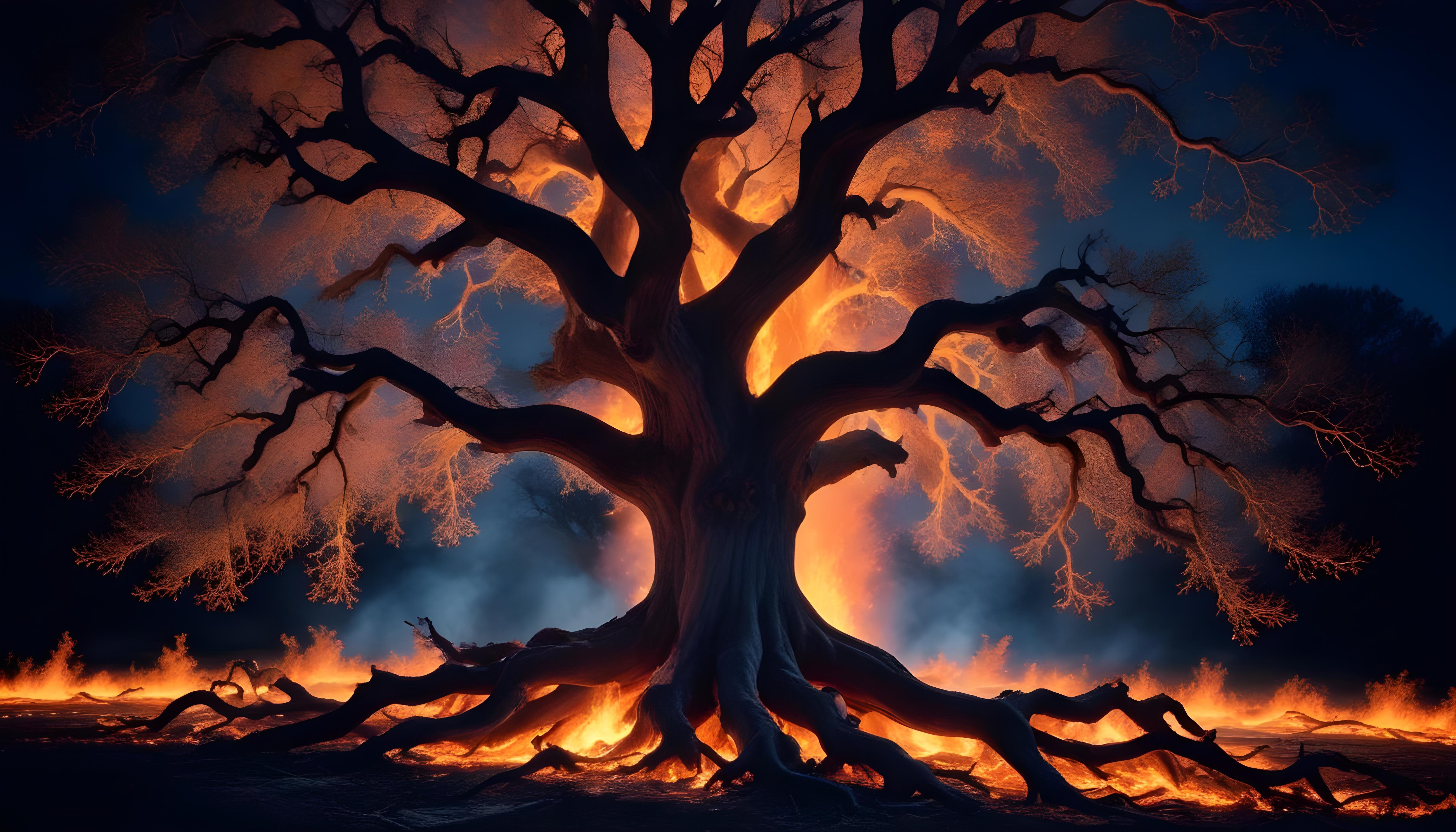 Majestic Ancient Tree with Glowing Fire and Dramatic Fantasy Landscape