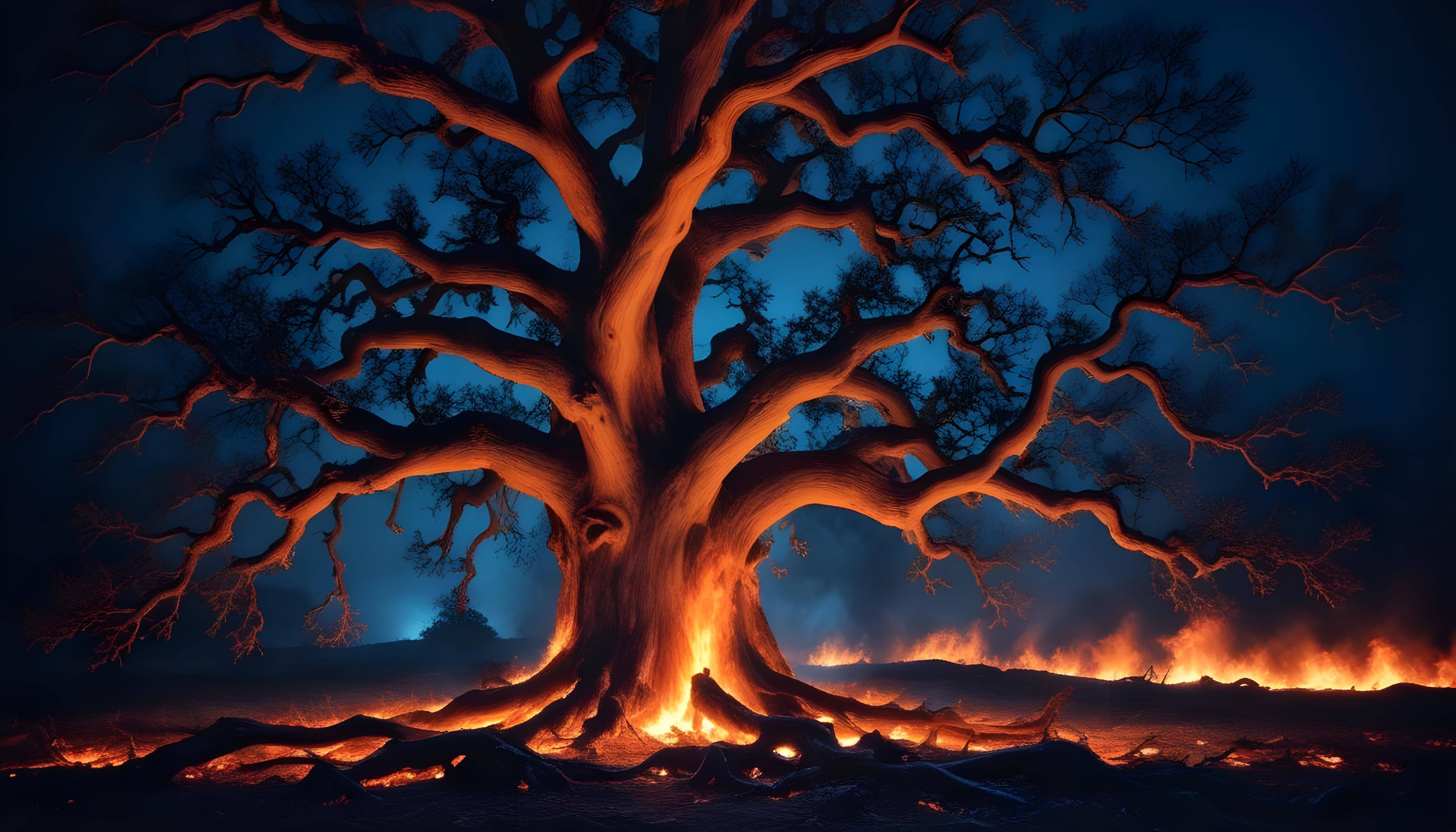Majestic Ancient Tree with Glowing Fire and Dramatic Fantasy Landscape