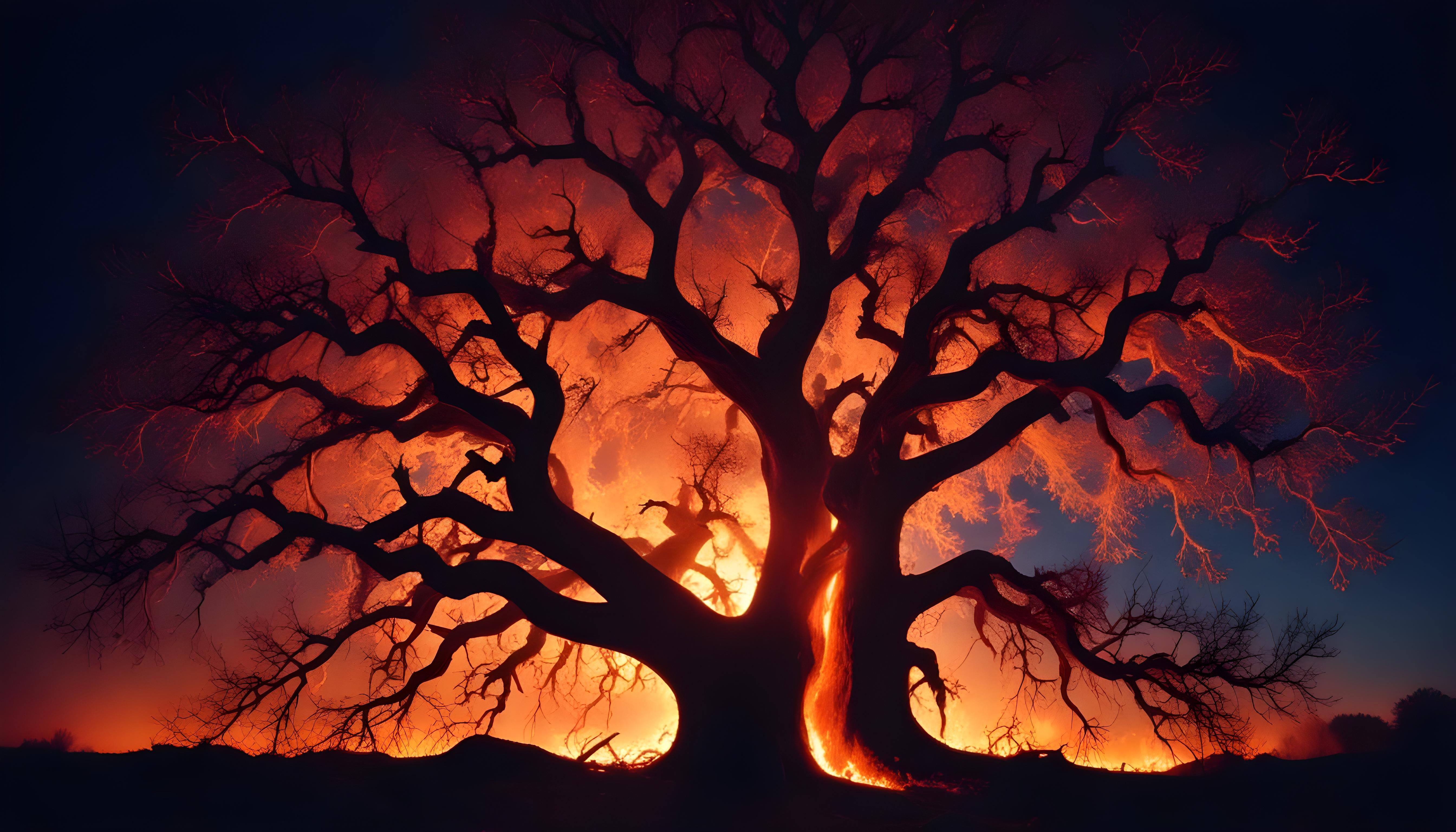Majestic Ancient Tree with Glowing Fire and Dramatic Fantasy Landscape