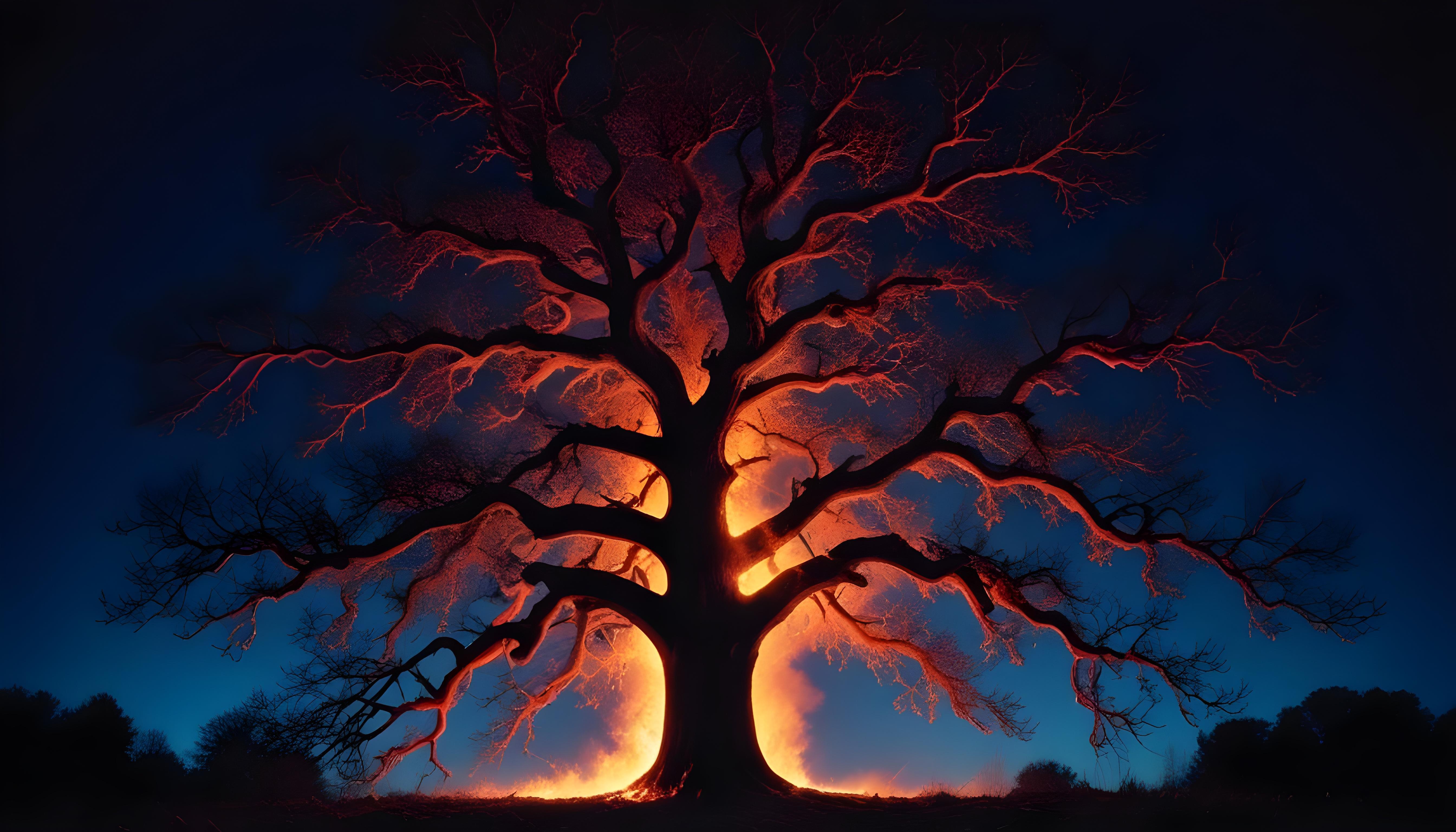 Majestic Ancient Tree with Glowing Fire and Dramatic Fantasy Landscape