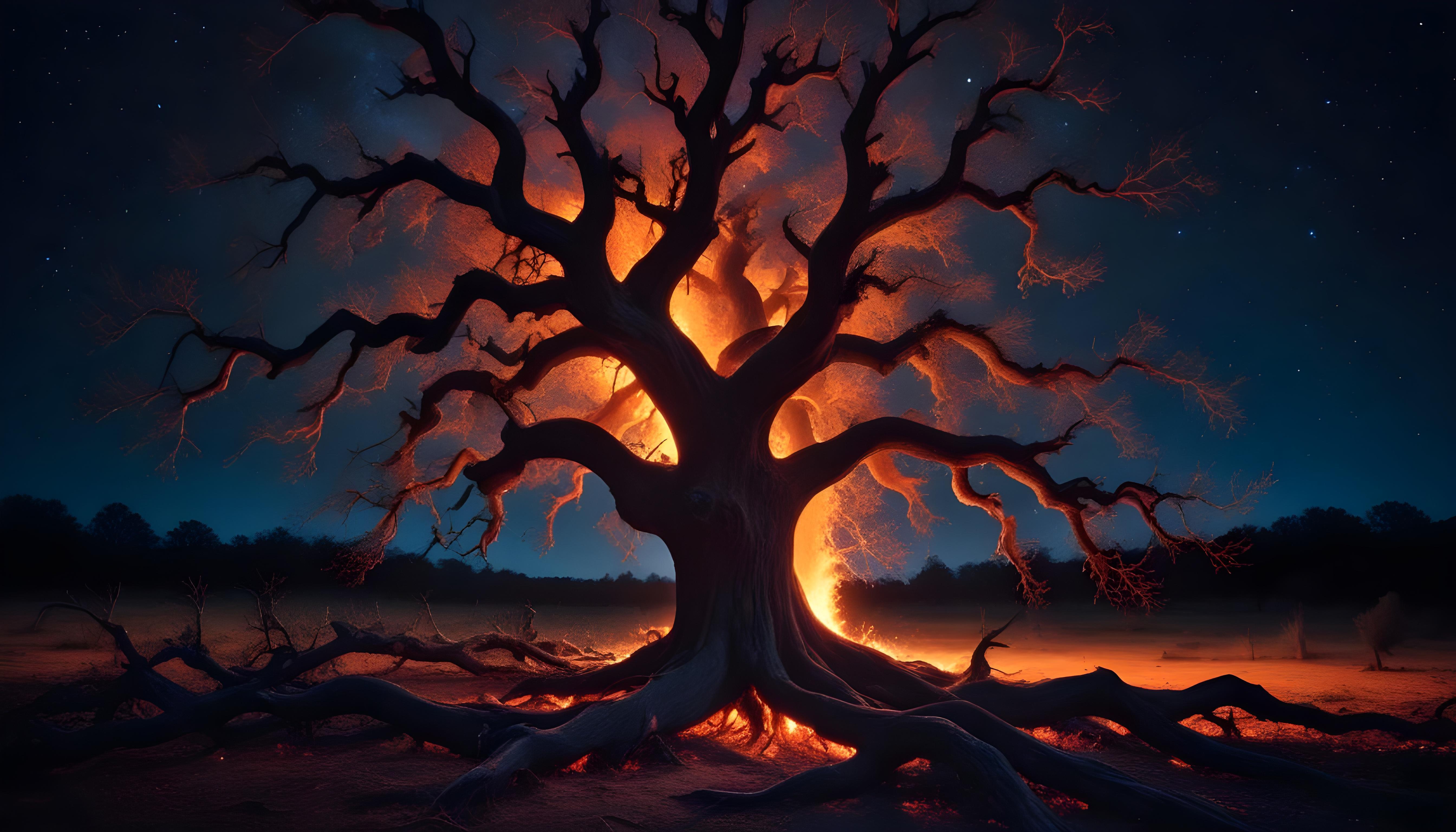 Majestic Ancient Tree with Glowing Fire and Dramatic Fantasy Landscape