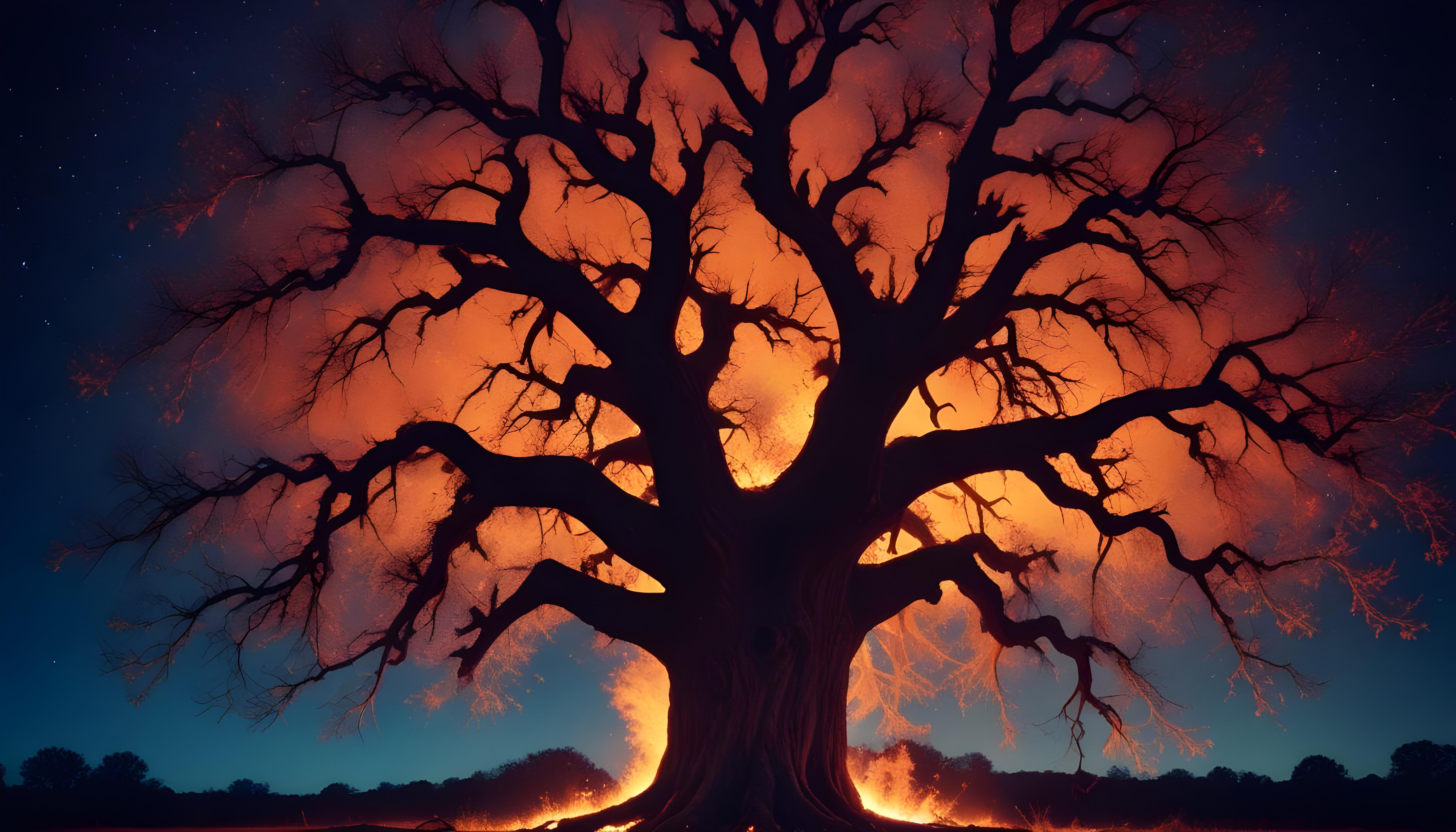 Majestic Ancient Tree with Glowing Fire and Dramatic Fantasy Landscape