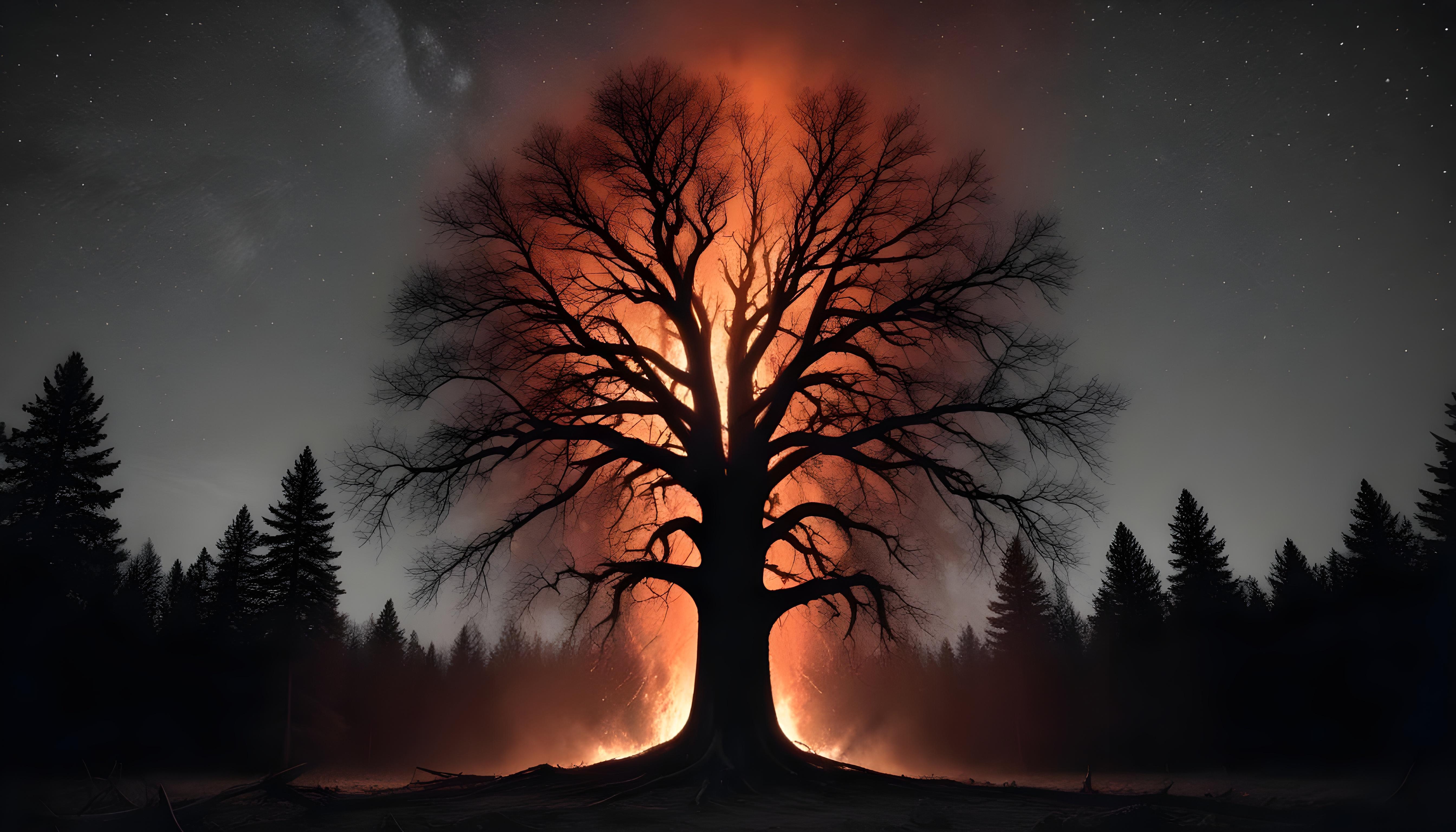 Majestic Ancient Tree with Glowing Fire and Dramatic Fantasy Landscape