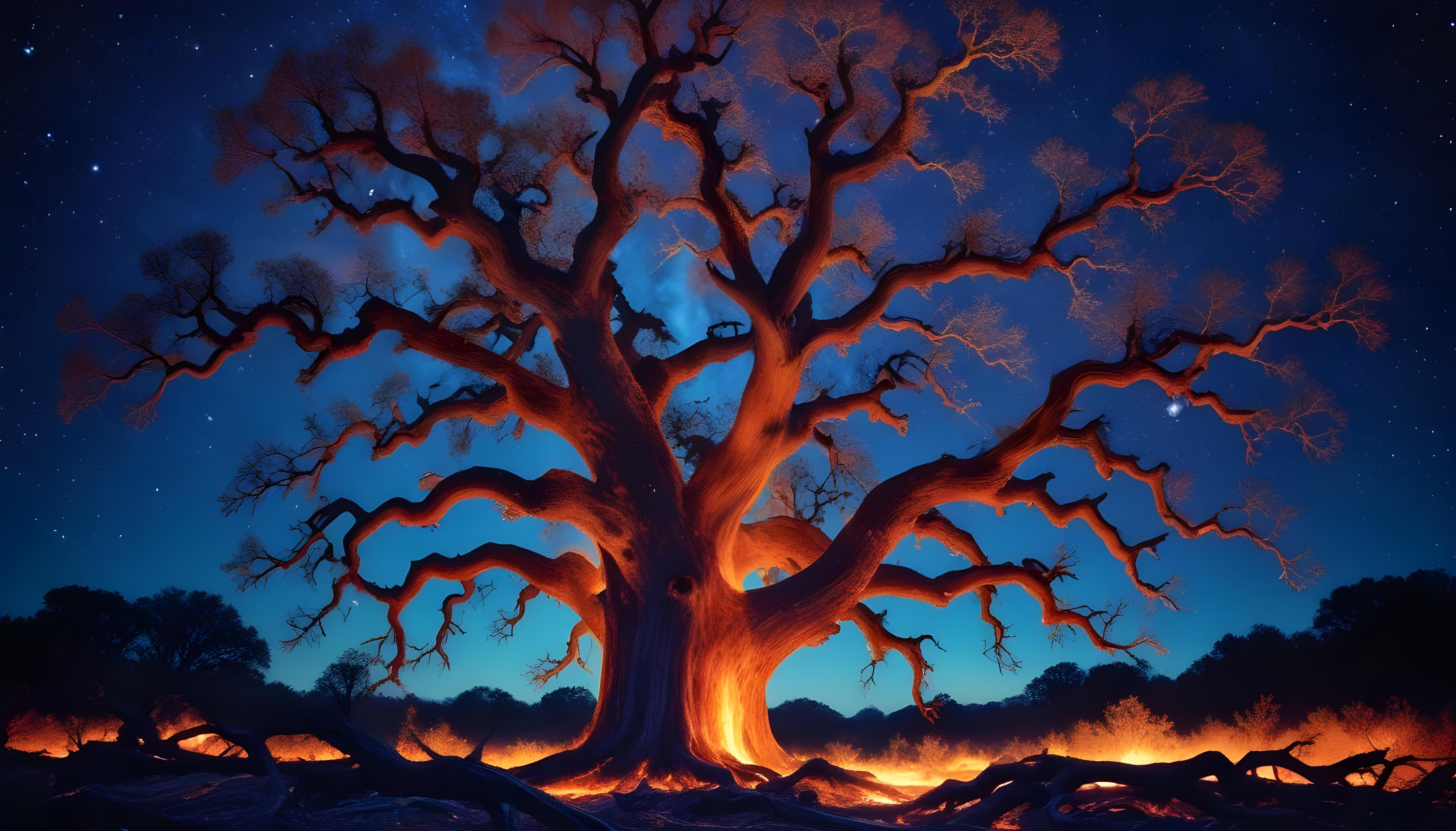Majestic Ancient Tree with Glowing Fire and Dramatic Fantasy Landscape