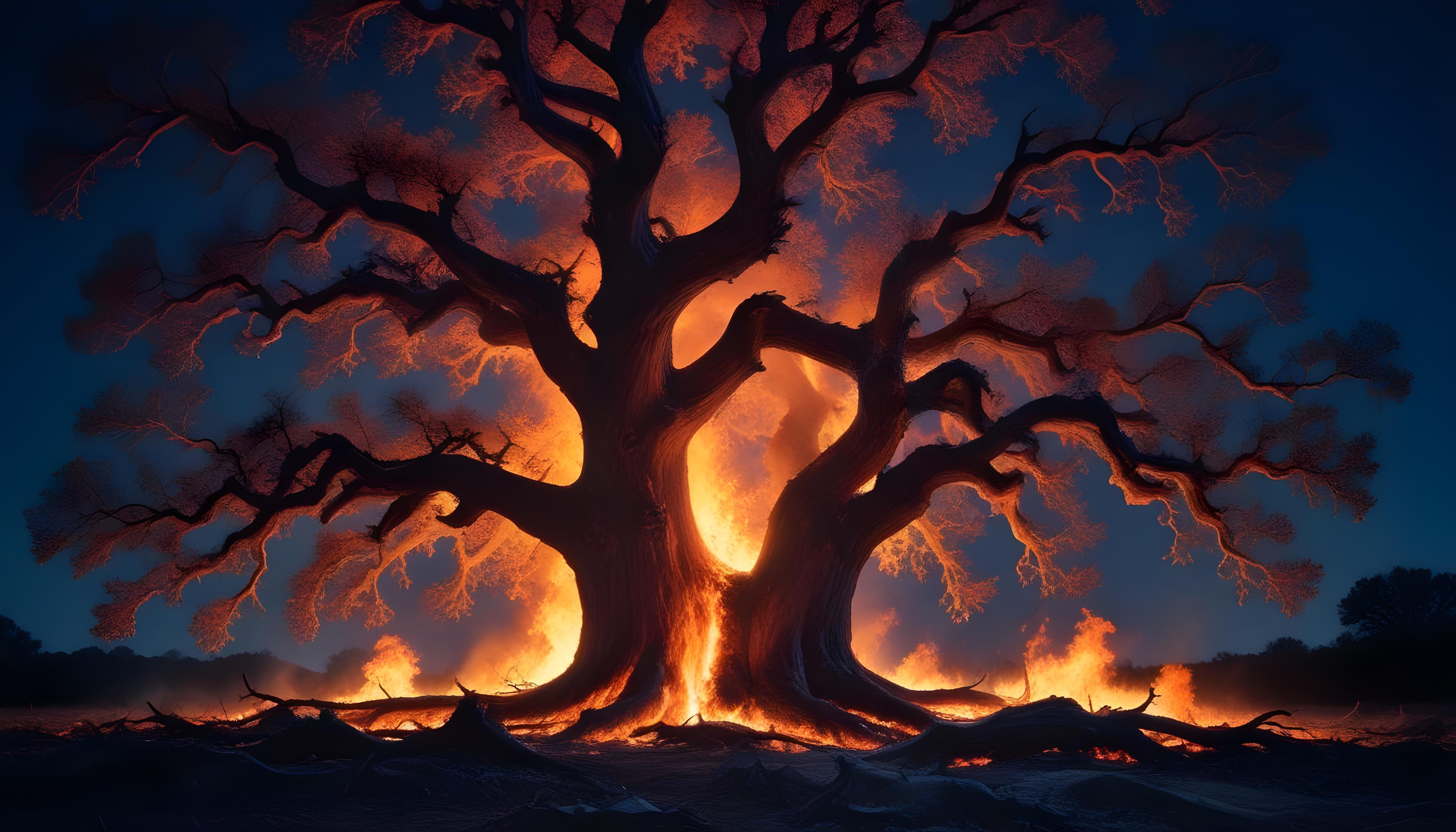 Majestic Ancient Tree with Glowing Fire and Dramatic Fantasy Landscape
