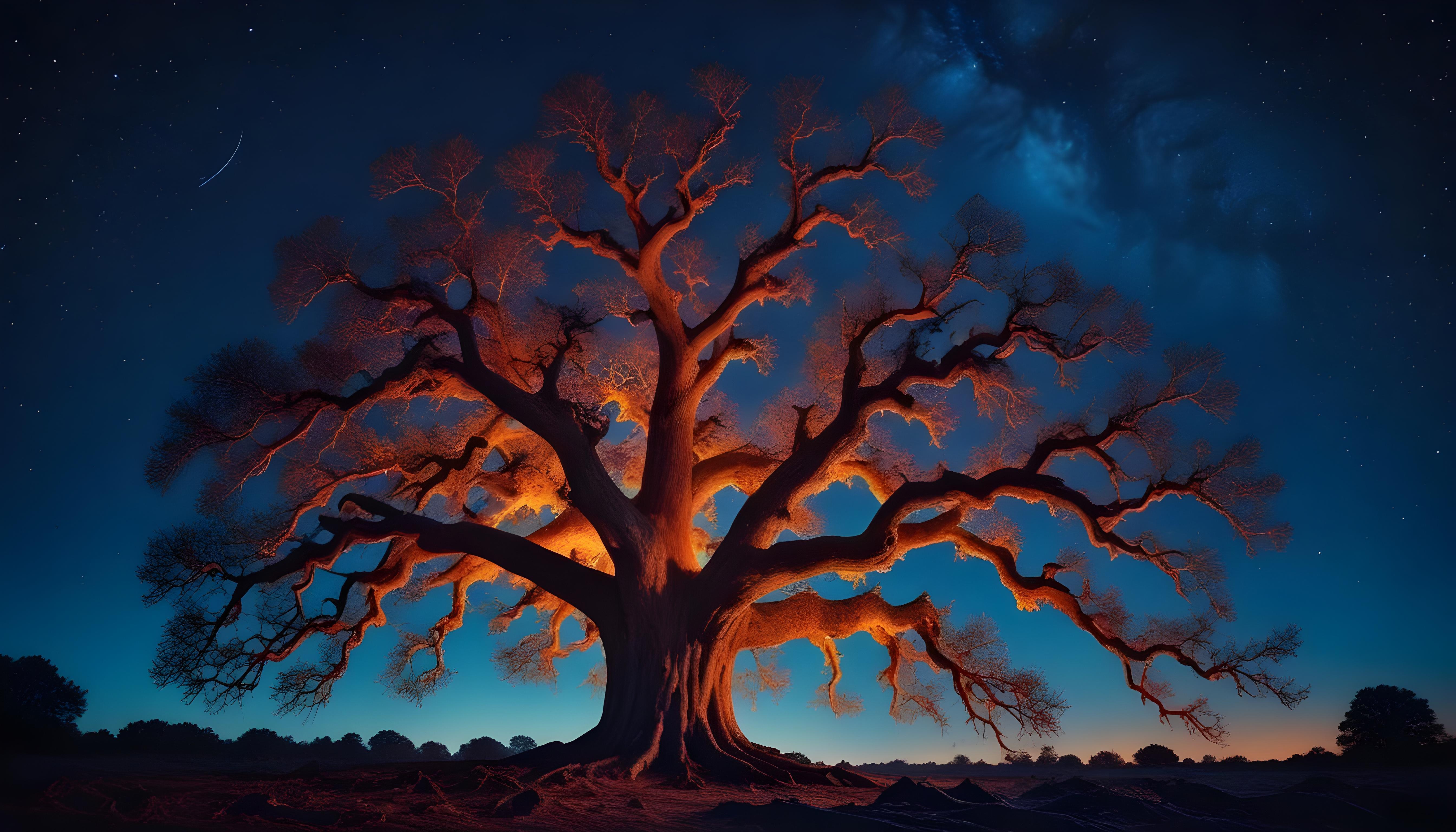 Majestic Ancient Tree with Glowing Fire and Dramatic Fantasy Landscape