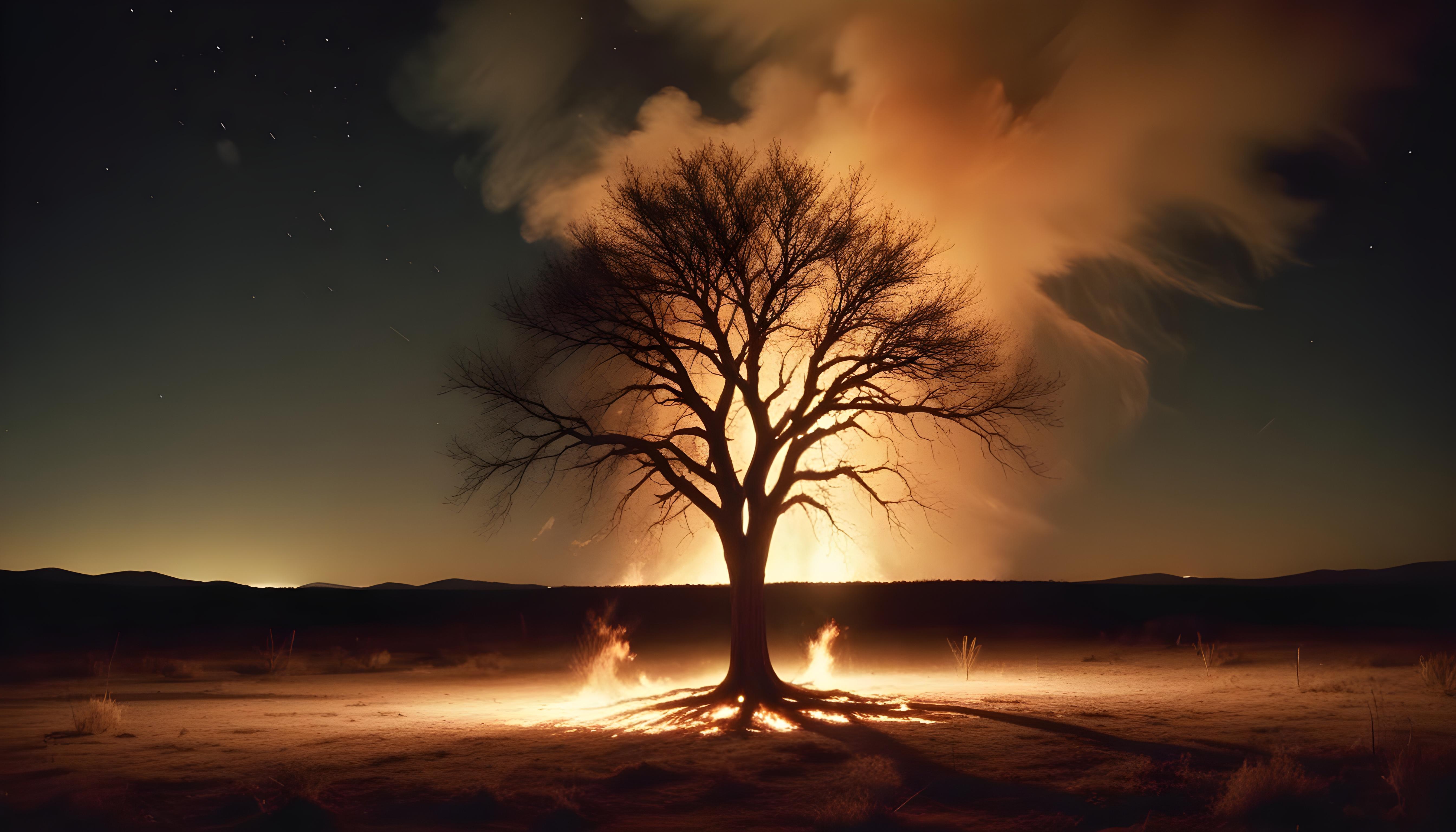 Majestic Ancient Tree with Glowing Fire and Dramatic Fantasy Landscape