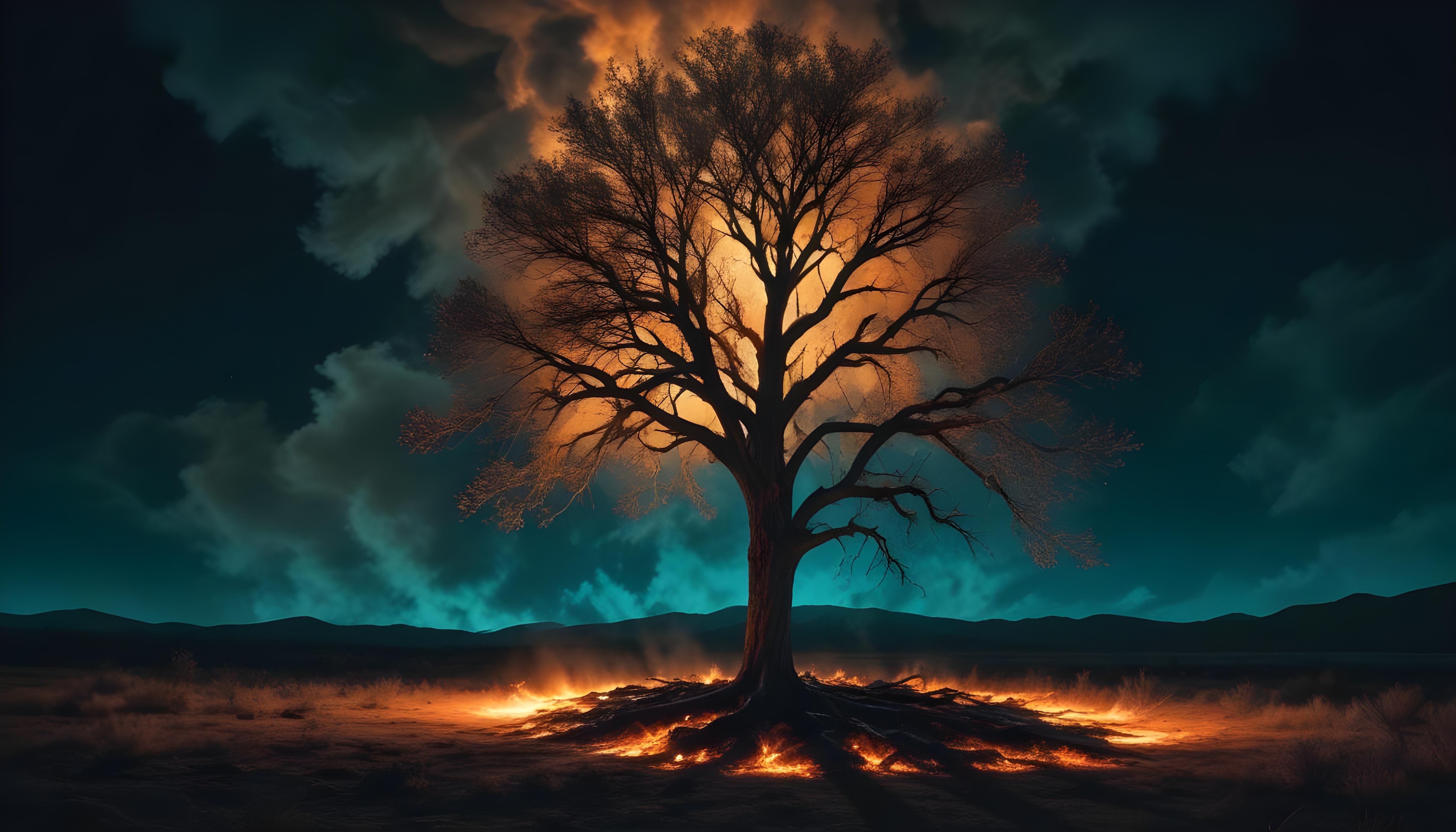 Majestic Ancient Tree with Glowing Fire and Dramatic Fantasy Landscape