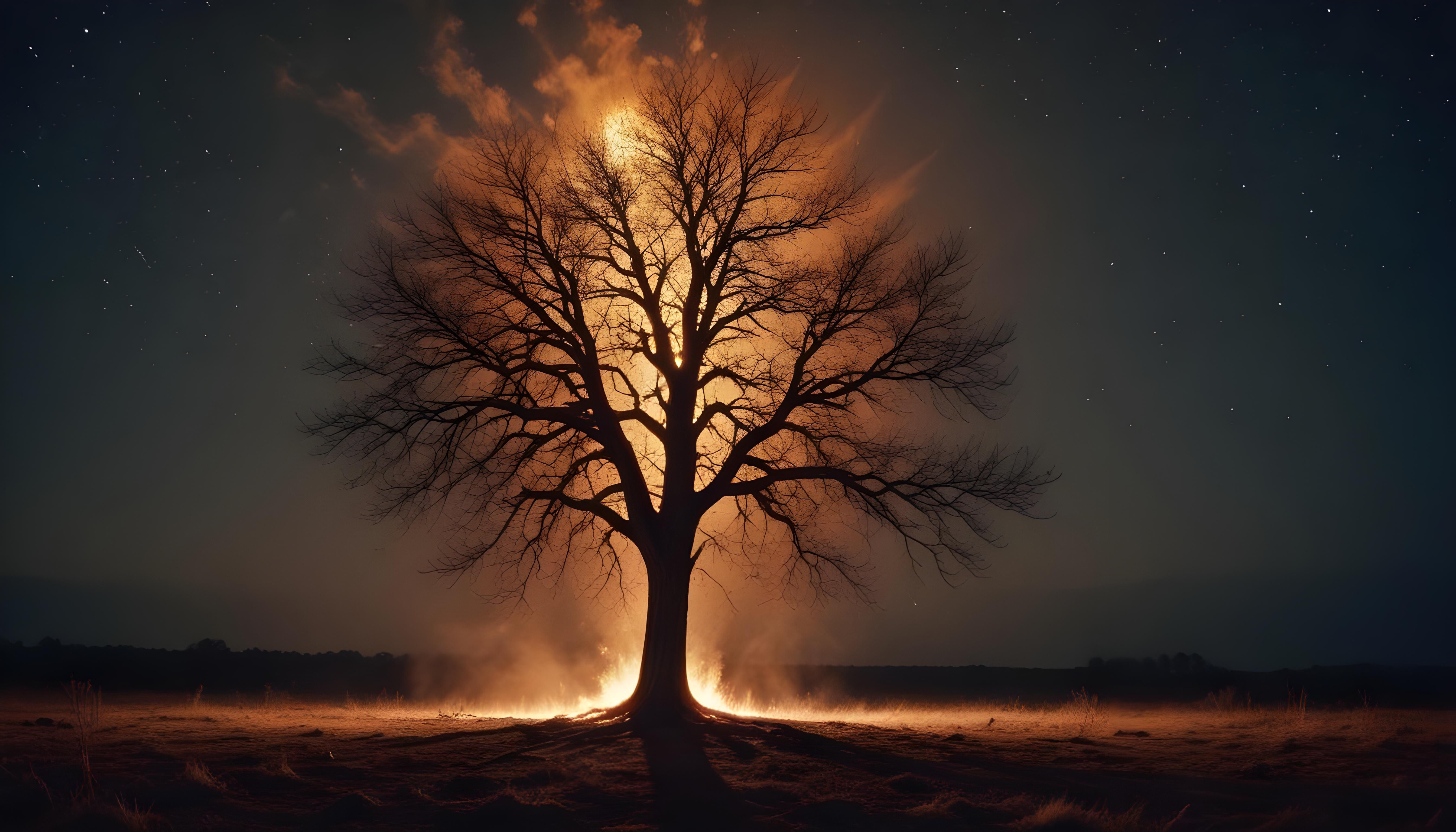 Majestic Ancient Tree with Glowing Fire and Dramatic Fantasy Landscape