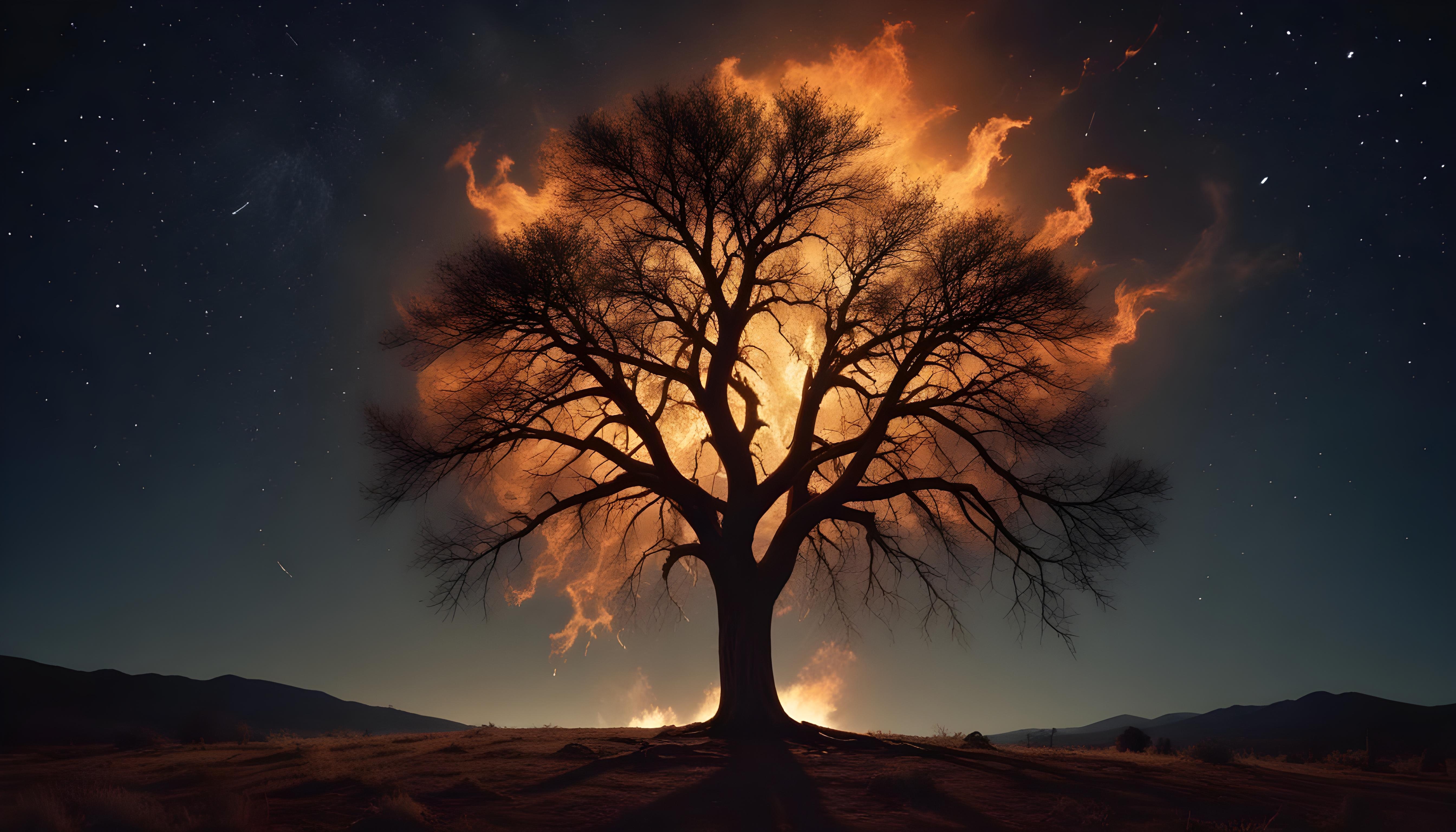Majestic Ancient Tree with Glowing Fire and Dramatic Fantasy Landscape
