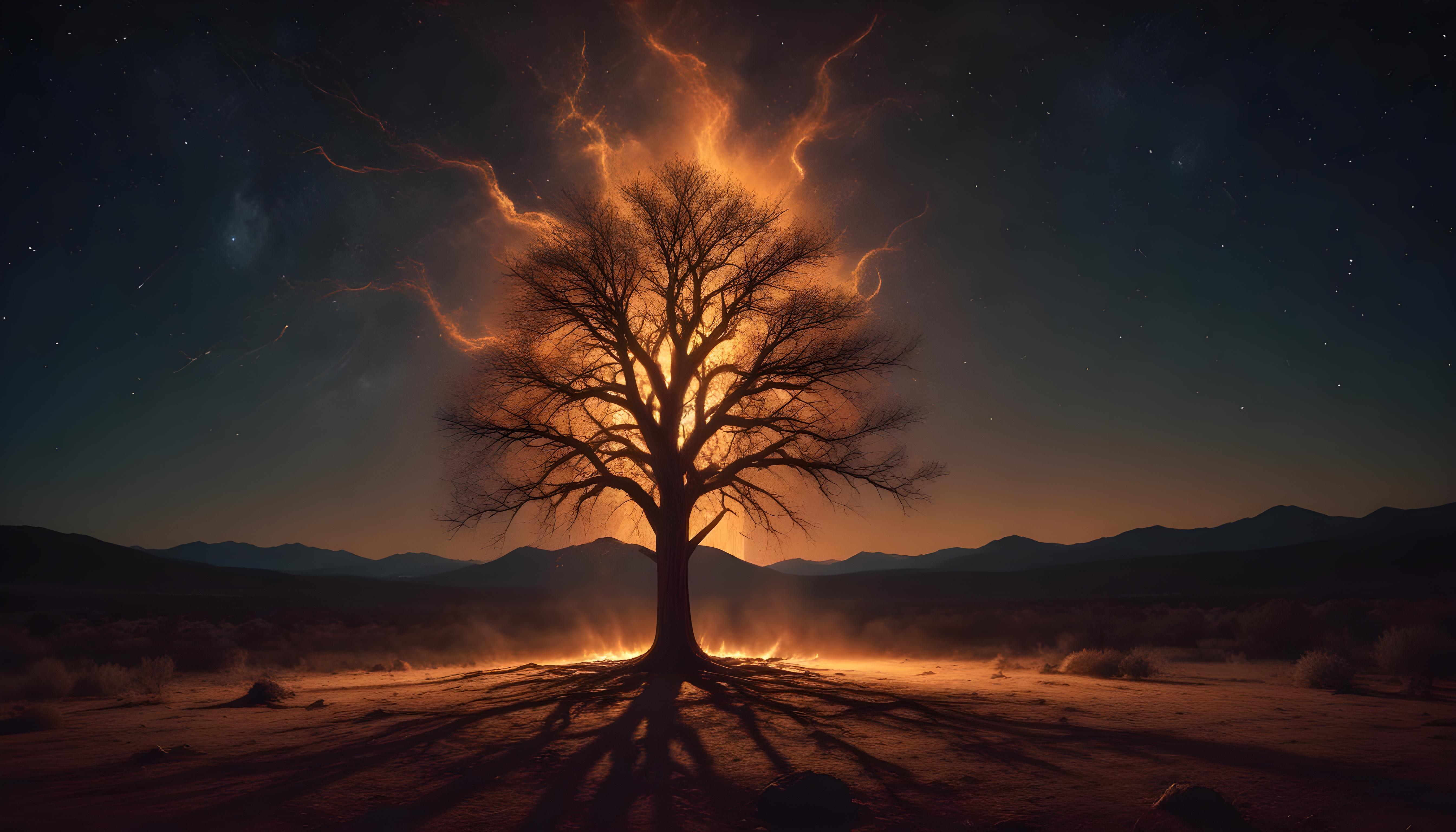 Majestic Ancient Tree with Glowing Fire and Dramatic Fantasy Landscape