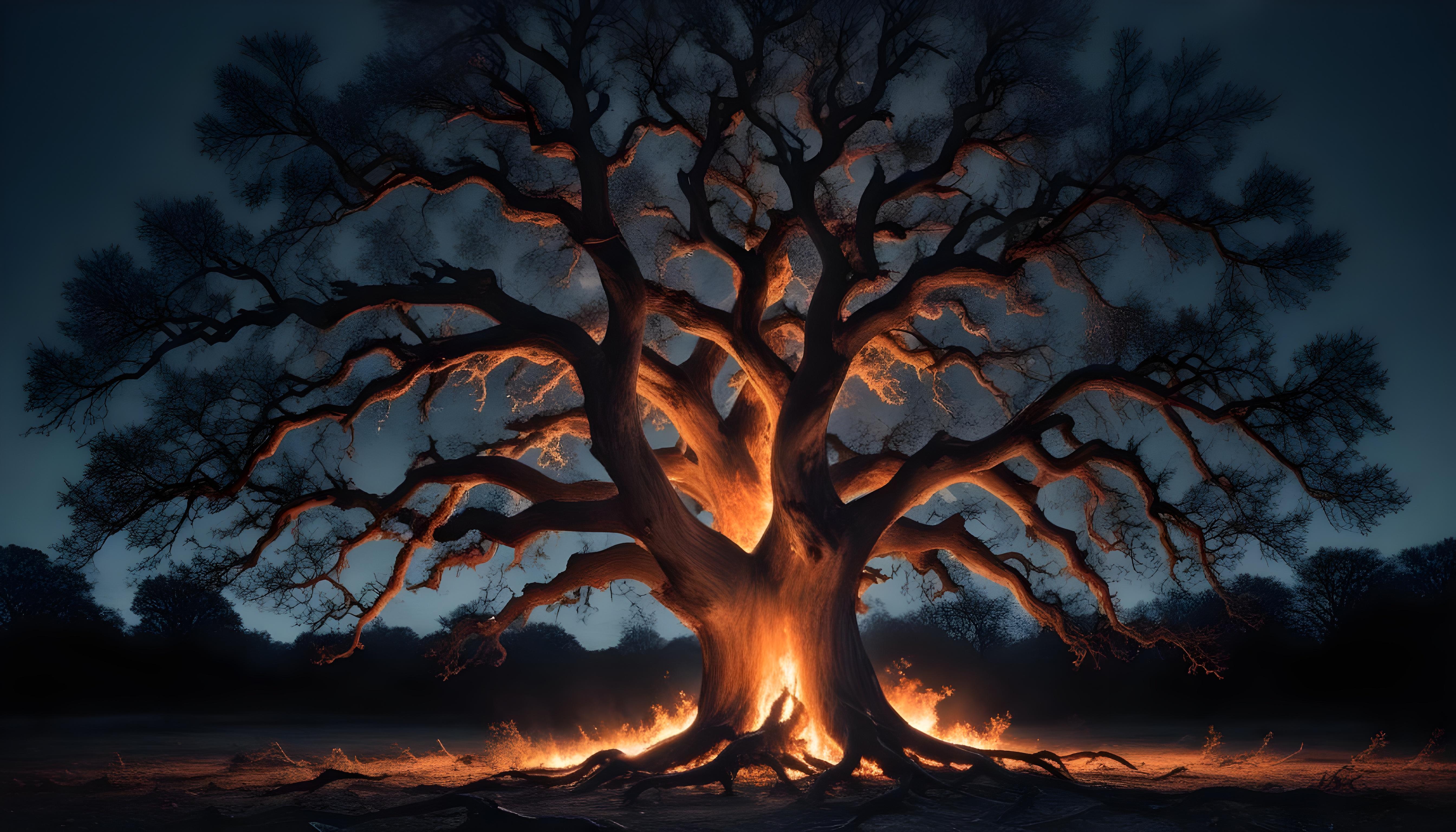 Majestic Ancient Tree with Glowing Fire and Dramatic Fantasy Landscape