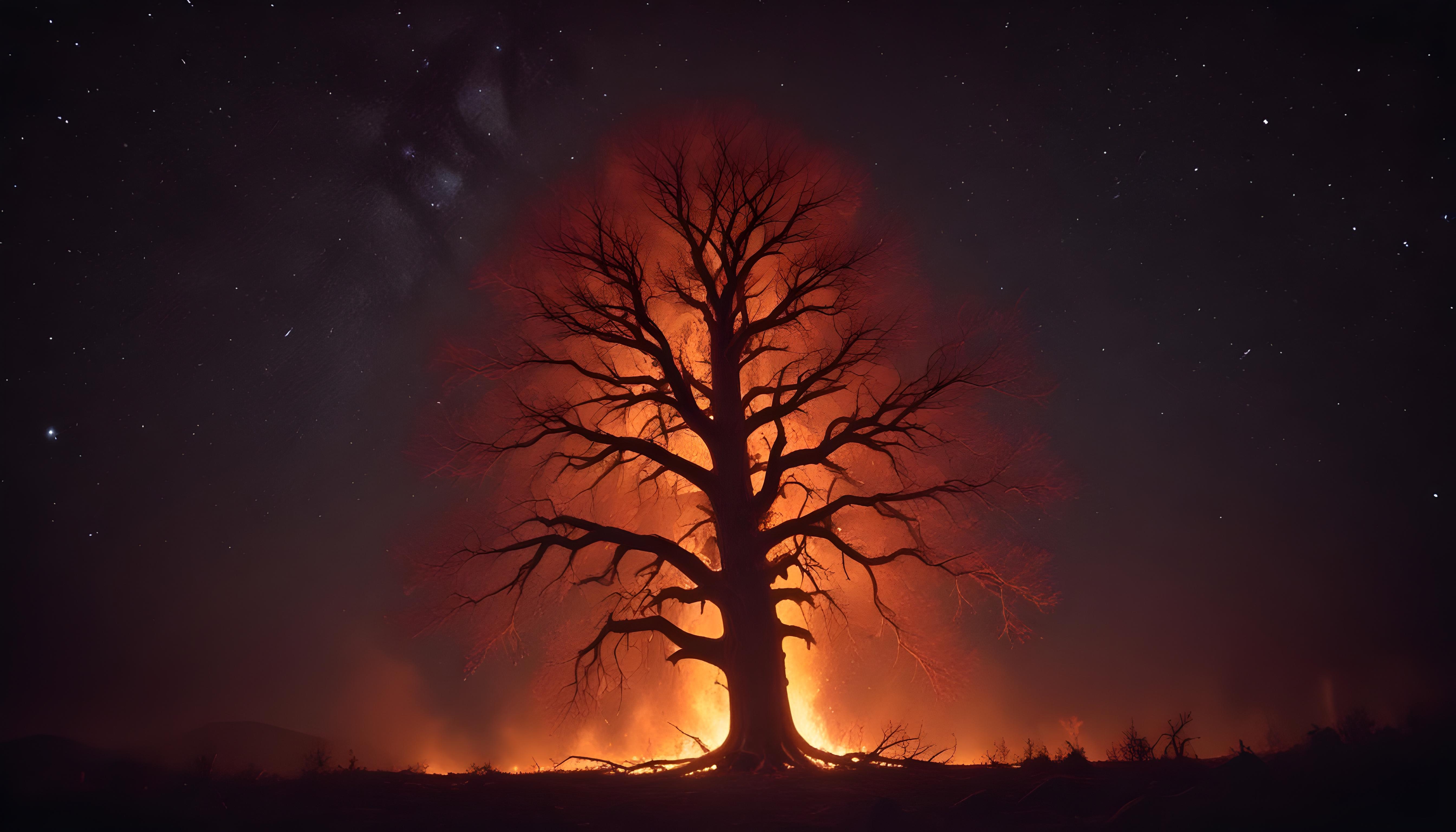 Majestic Ancient Tree with Glowing Fire and Dramatic Fantasy Landscape