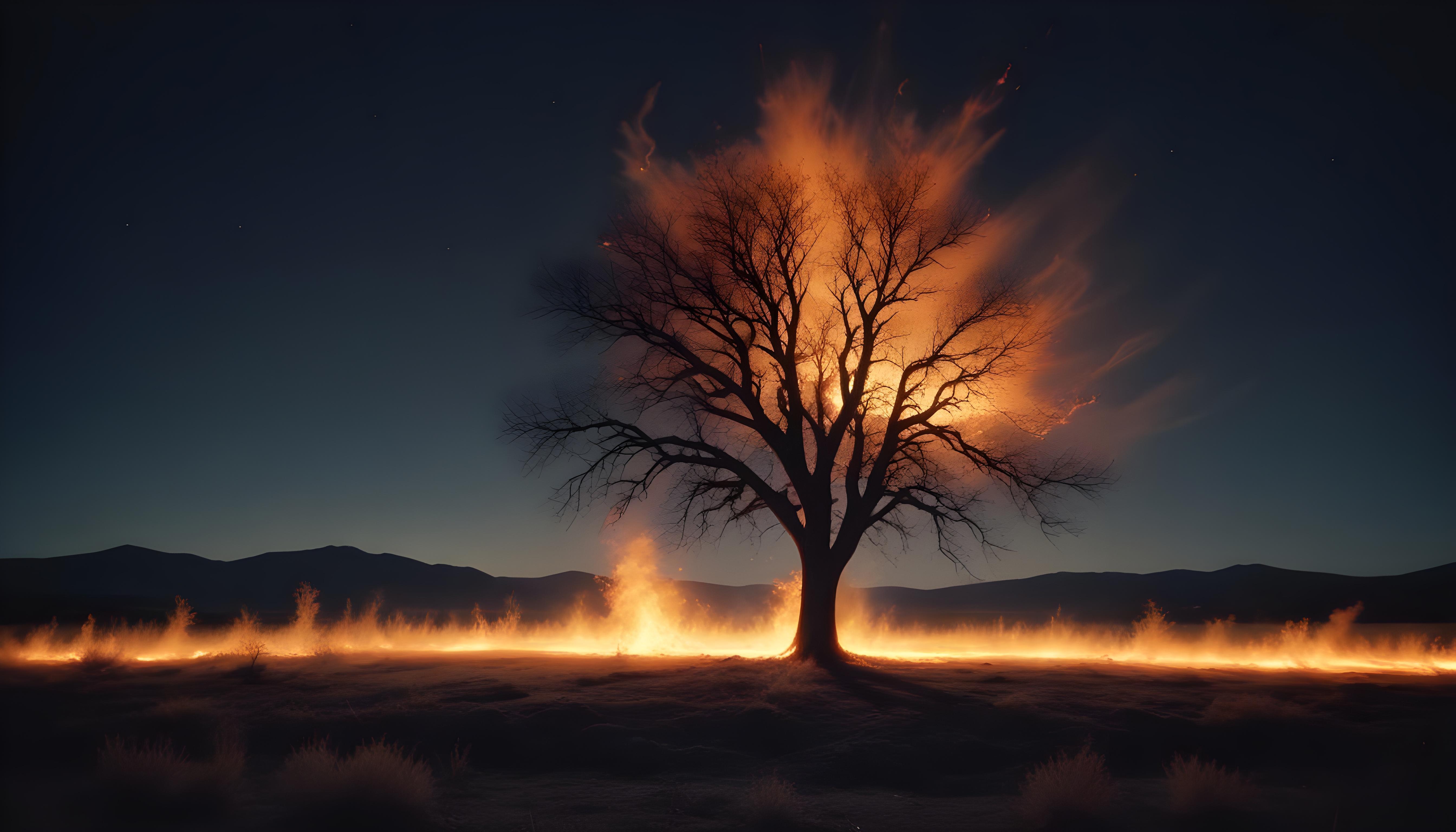 Majestic Ancient Tree with Glowing Fire and Dramatic Fantasy Landscape
