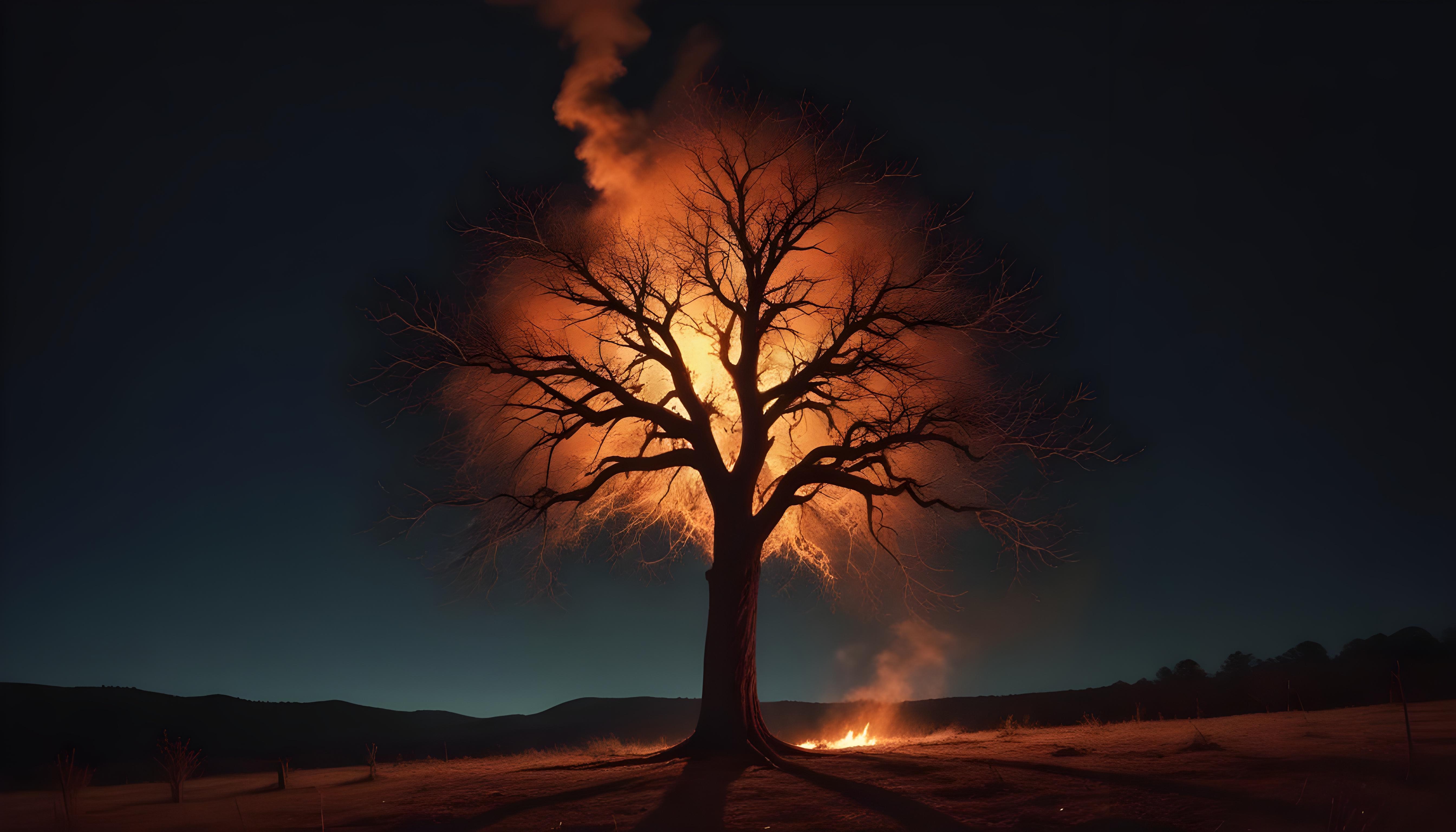 Majestic Ancient Tree with Glowing Fire and Dramatic Fantasy Landscape