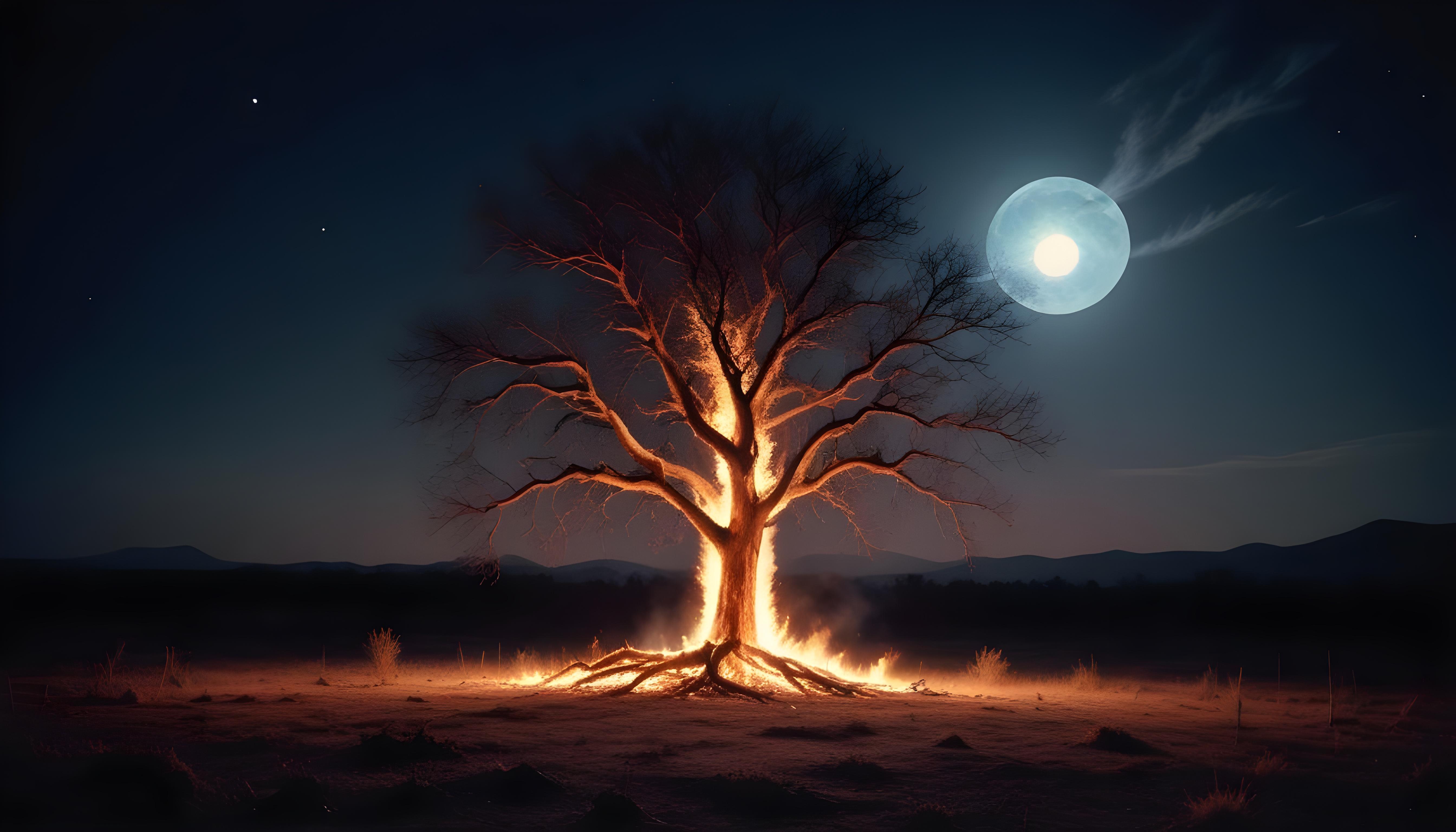 Majestic Ancient Tree with Glowing Fire and Dramatic Fantasy Landscape
