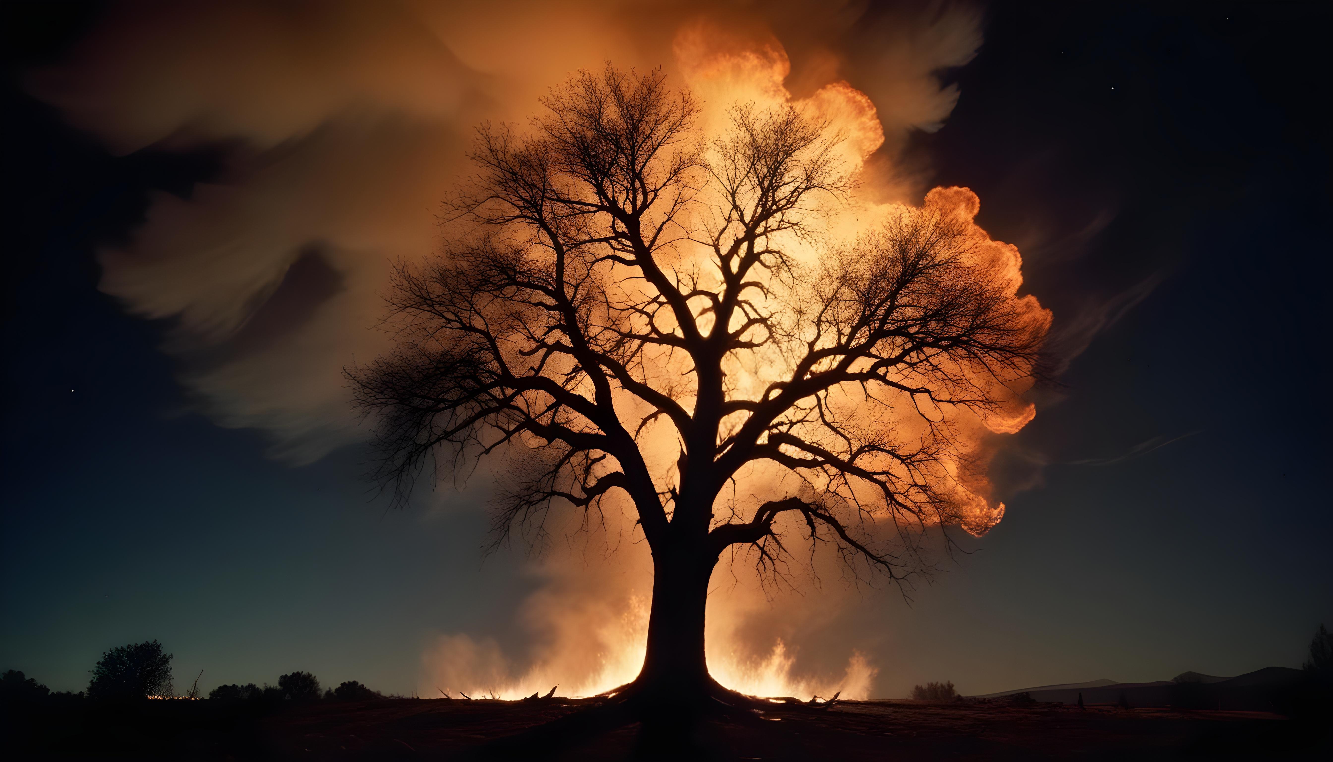 Majestic Ancient Tree with Glowing Fire and Dramatic Fantasy Landscape