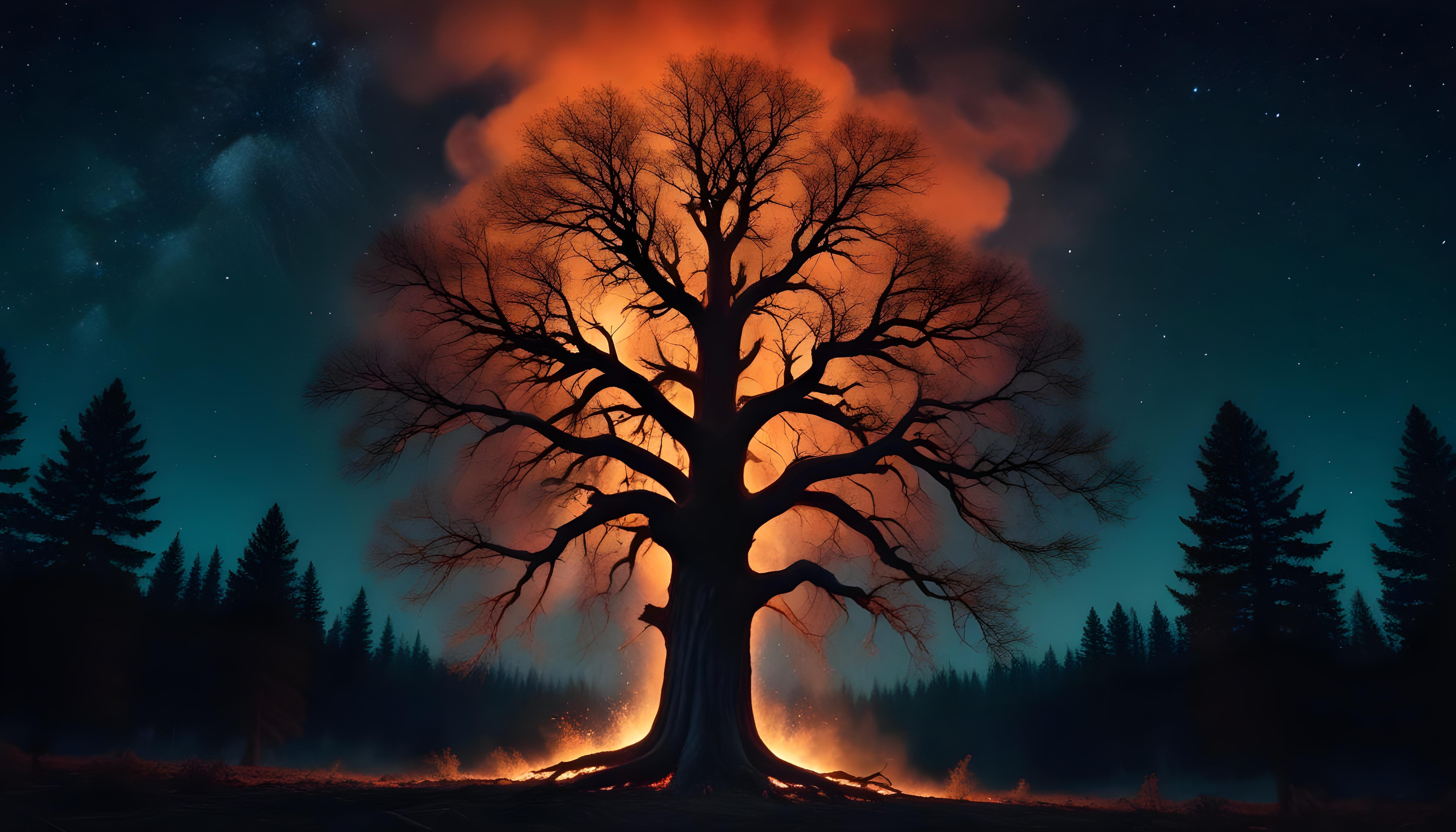 Majestic Ancient Tree with Glowing Fire and Dramatic Fantasy Landscape