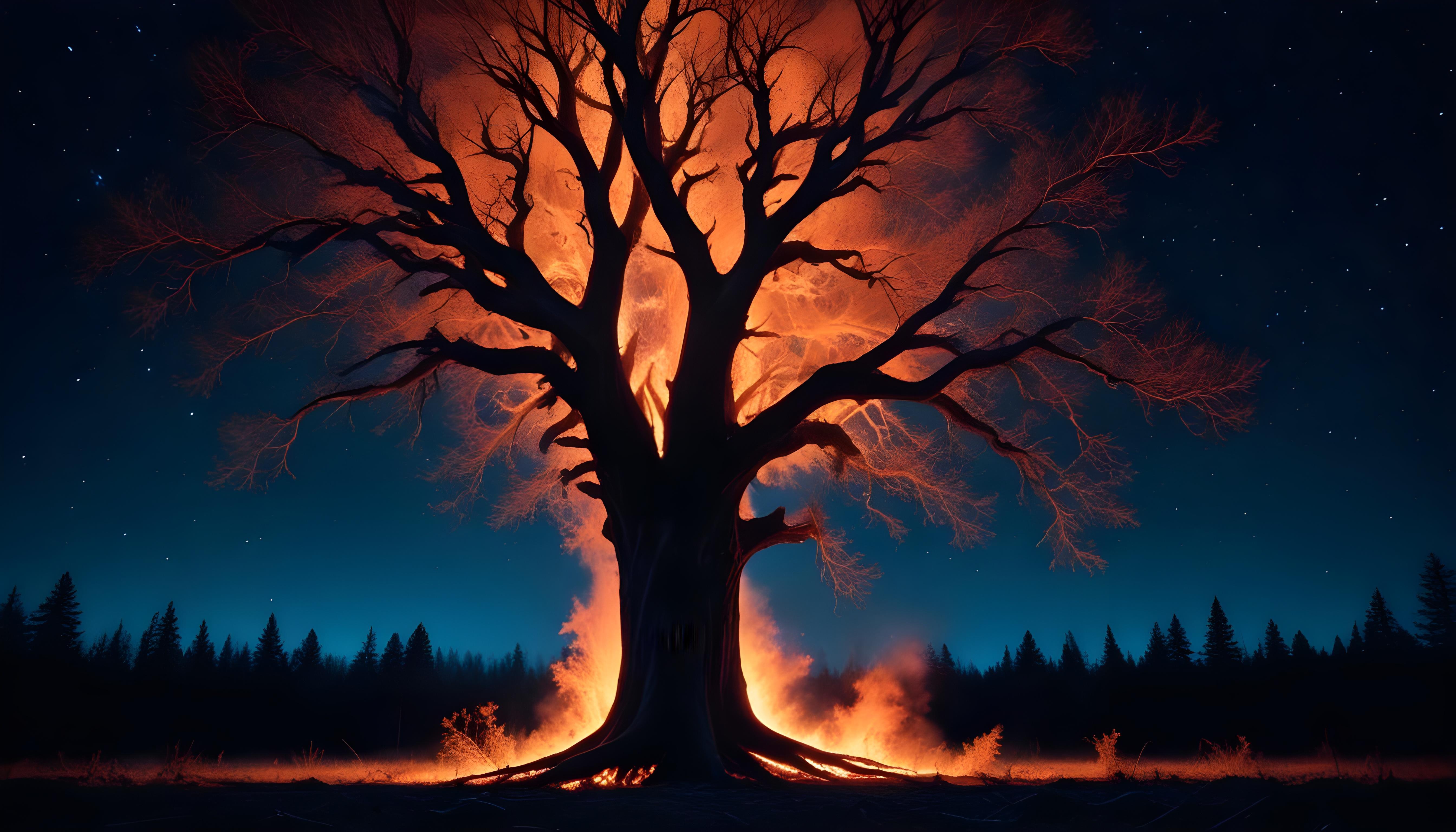 Majestic Ancient Tree with Glowing Fire and Dramatic Fantasy Landscape