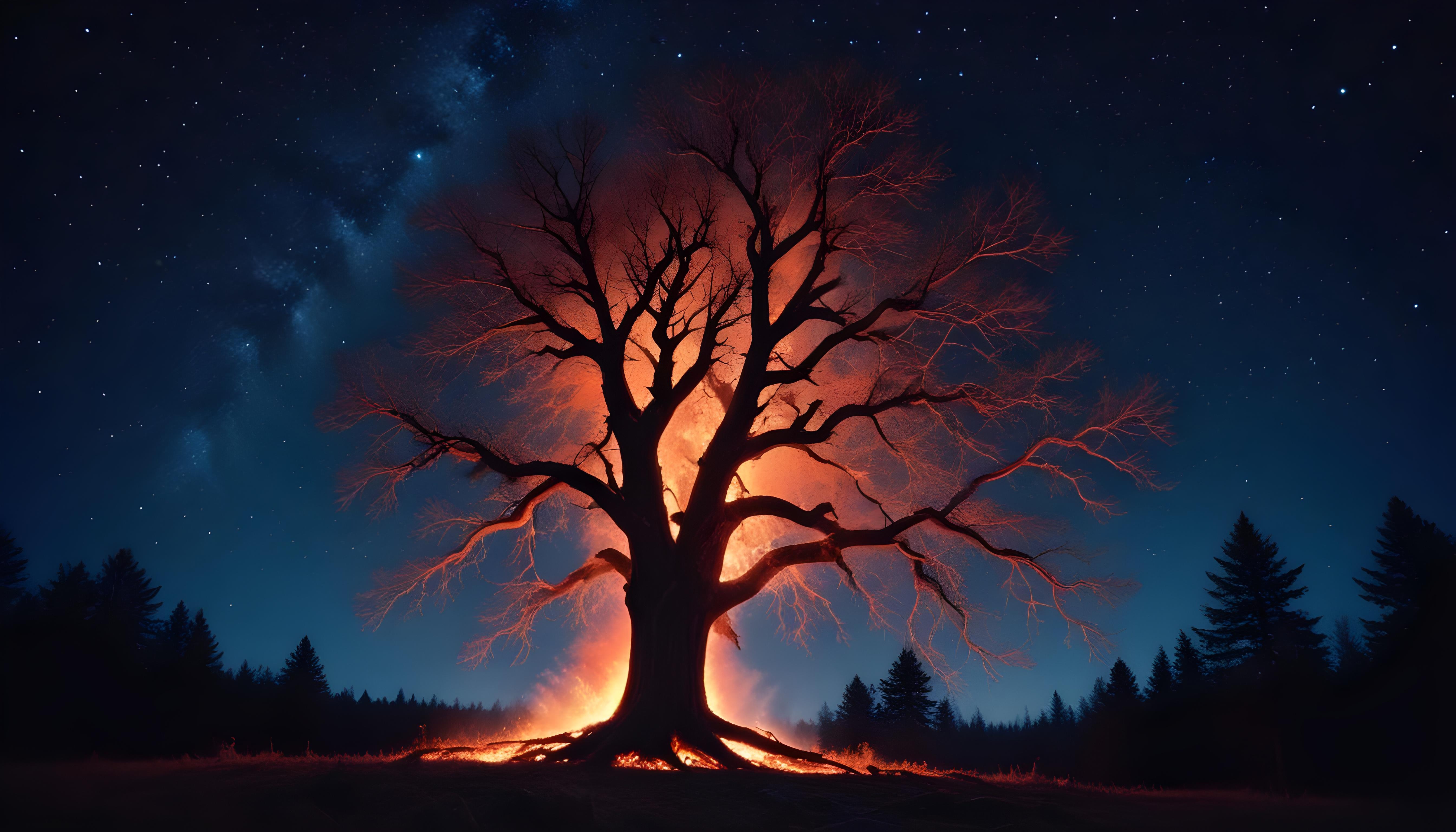 Majestic Ancient Tree with Glowing Fire and Dramatic Fantasy Landscape